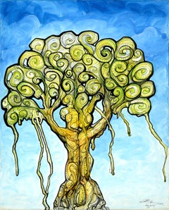 Retro Tree People Embrace, Contemporary Visionary Figurative Abstract