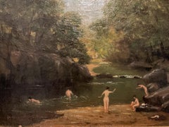 Antique American Oil Painting; Bathing Nudes in Landscape, Oil on Canvas