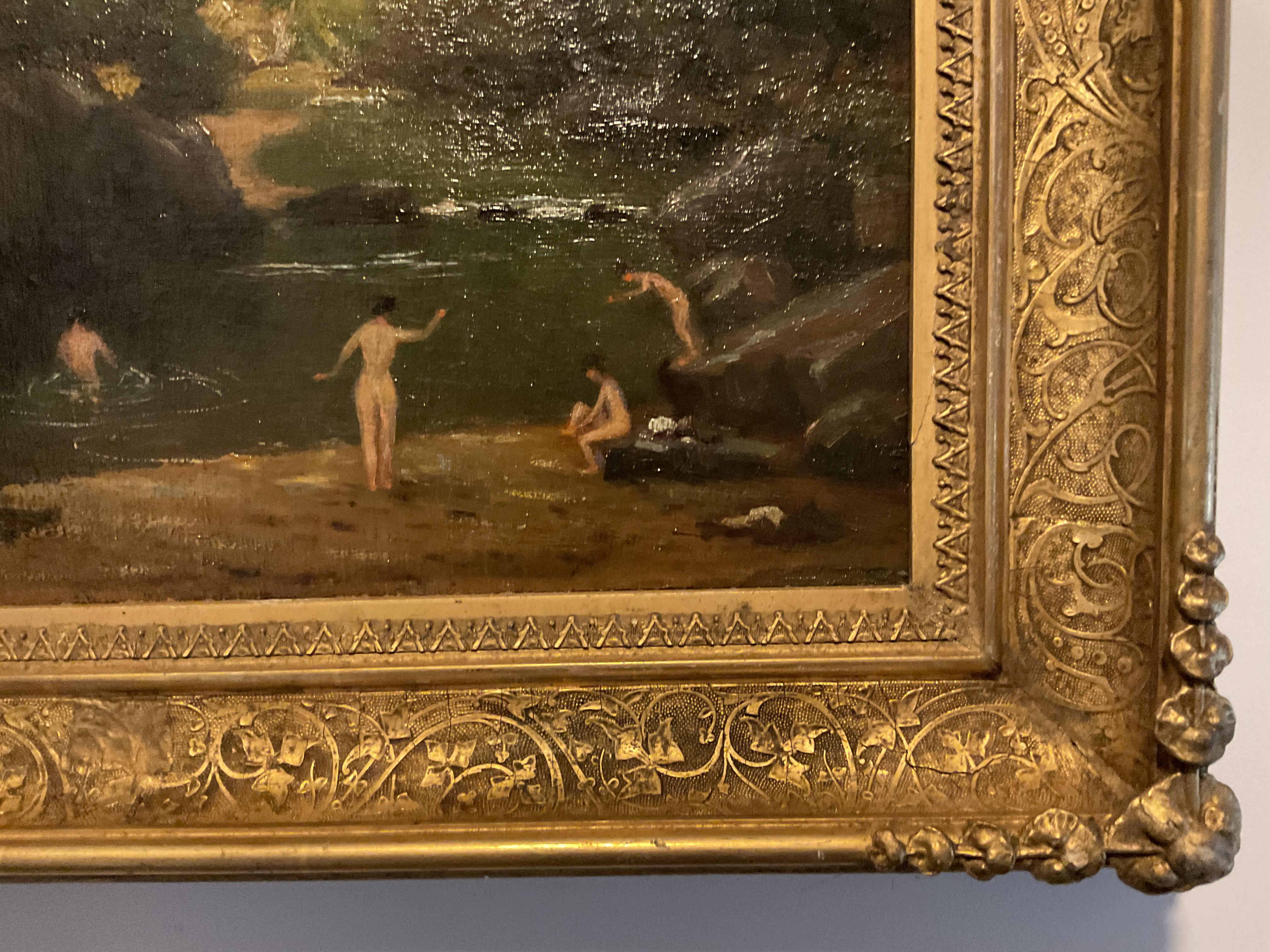 Pittura ad olio americana antica; Nudi al bagno in un paesaggio, olio su tela 1