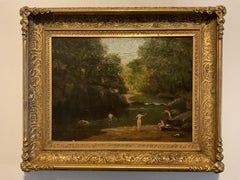 Peinture à l'huile américaine ancienne : Nus se baignant dans un paysage, huile sur toile