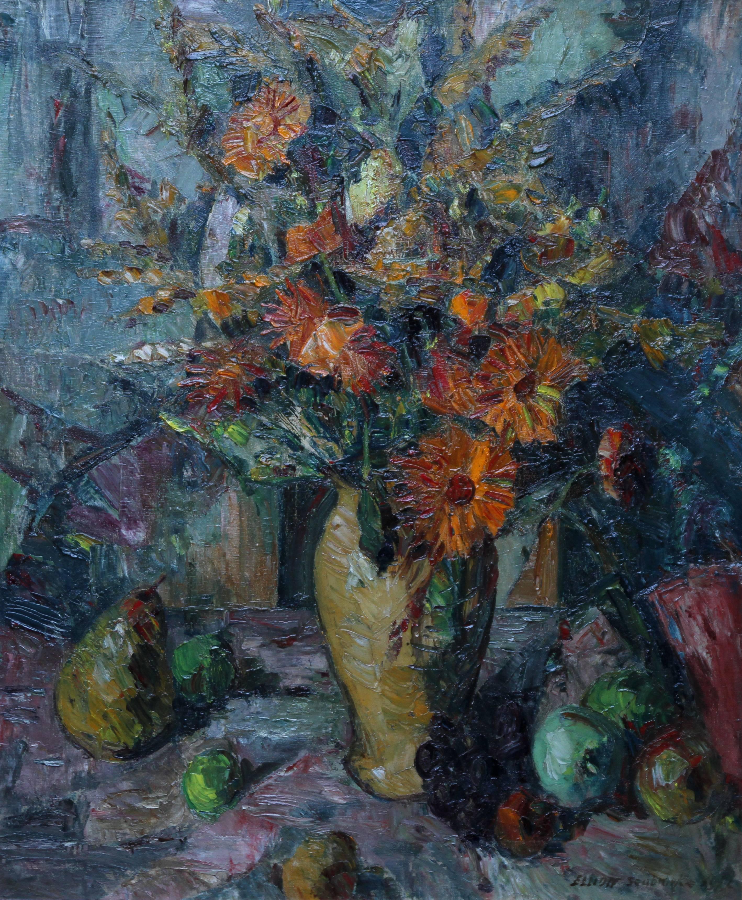 Bouquet de fleurs - Peinture à l'huile de style Cezanne post-impressionniste britannique des années 20  - Painting de Elliott Seabrooke