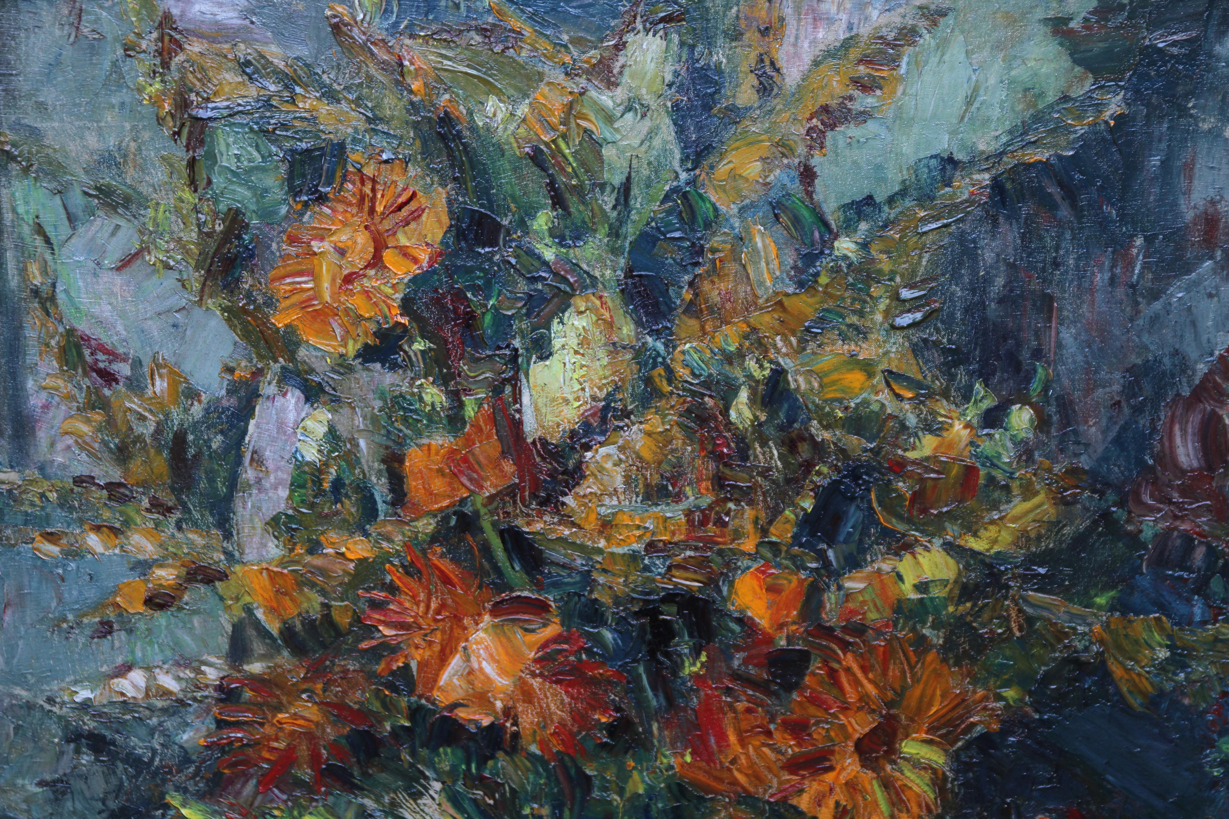 Floral Bouquet - Post Impressionist 20's British art Cezanne style oil painting - Black Interior Painting by Elliott Seabrooke