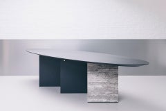 Contemporary oval ellipse dining table, black ash wood & travertine, Belgium