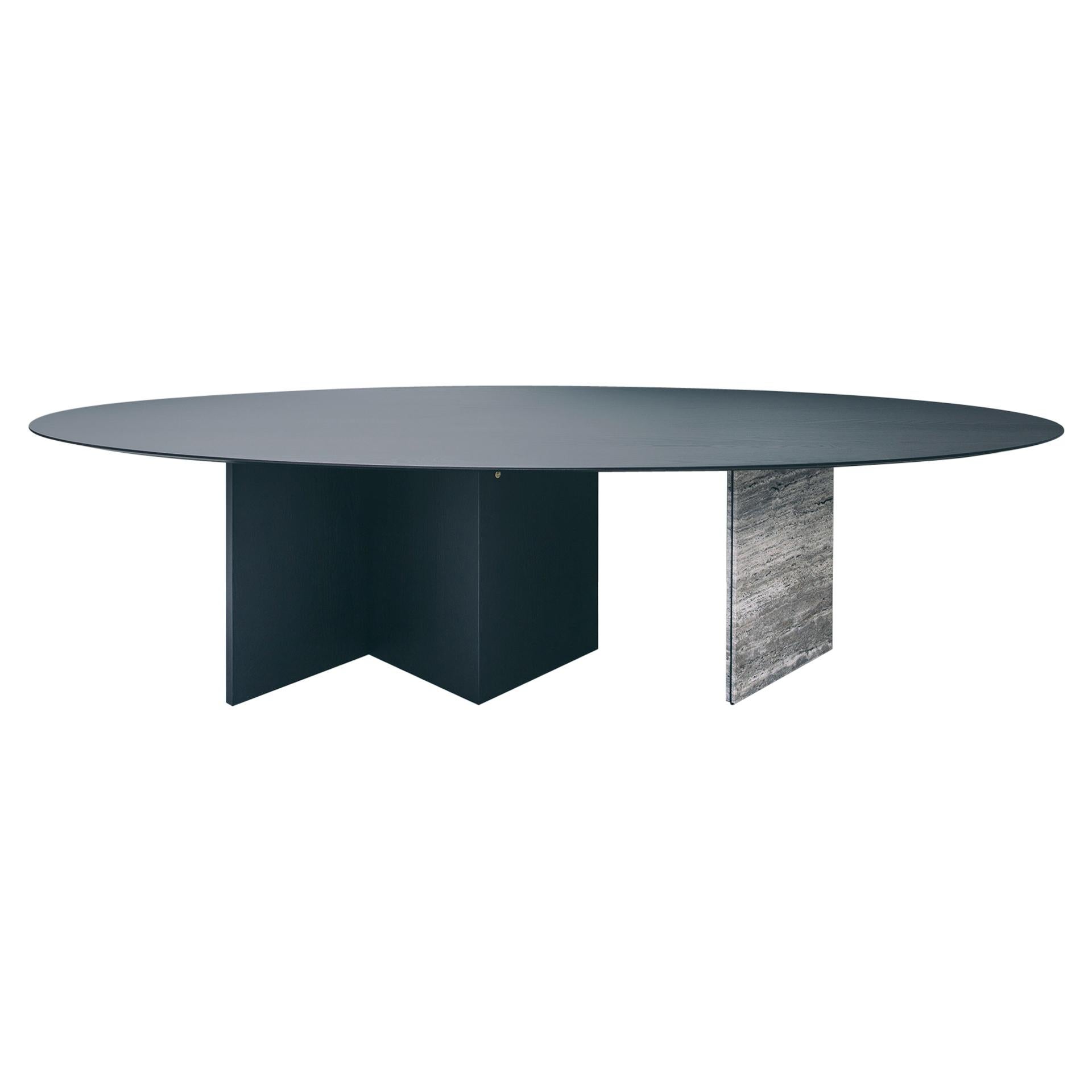 Contemporary oval ellipse dining table, black ash wood & travertine, Belgium For Sale