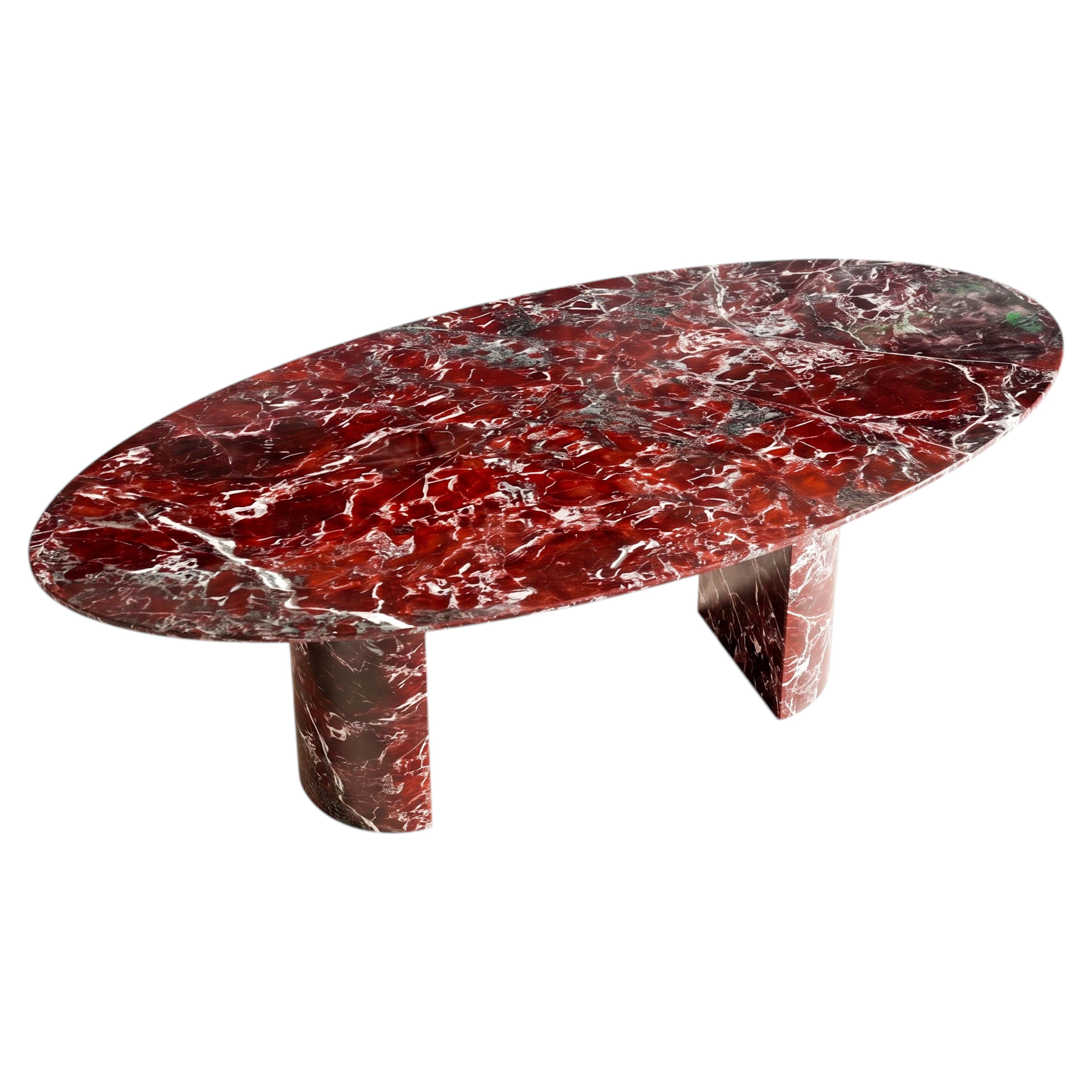 Ellipse Burgundy Marble Table, Red Marble Ellips Tabletop With Monolith Bases