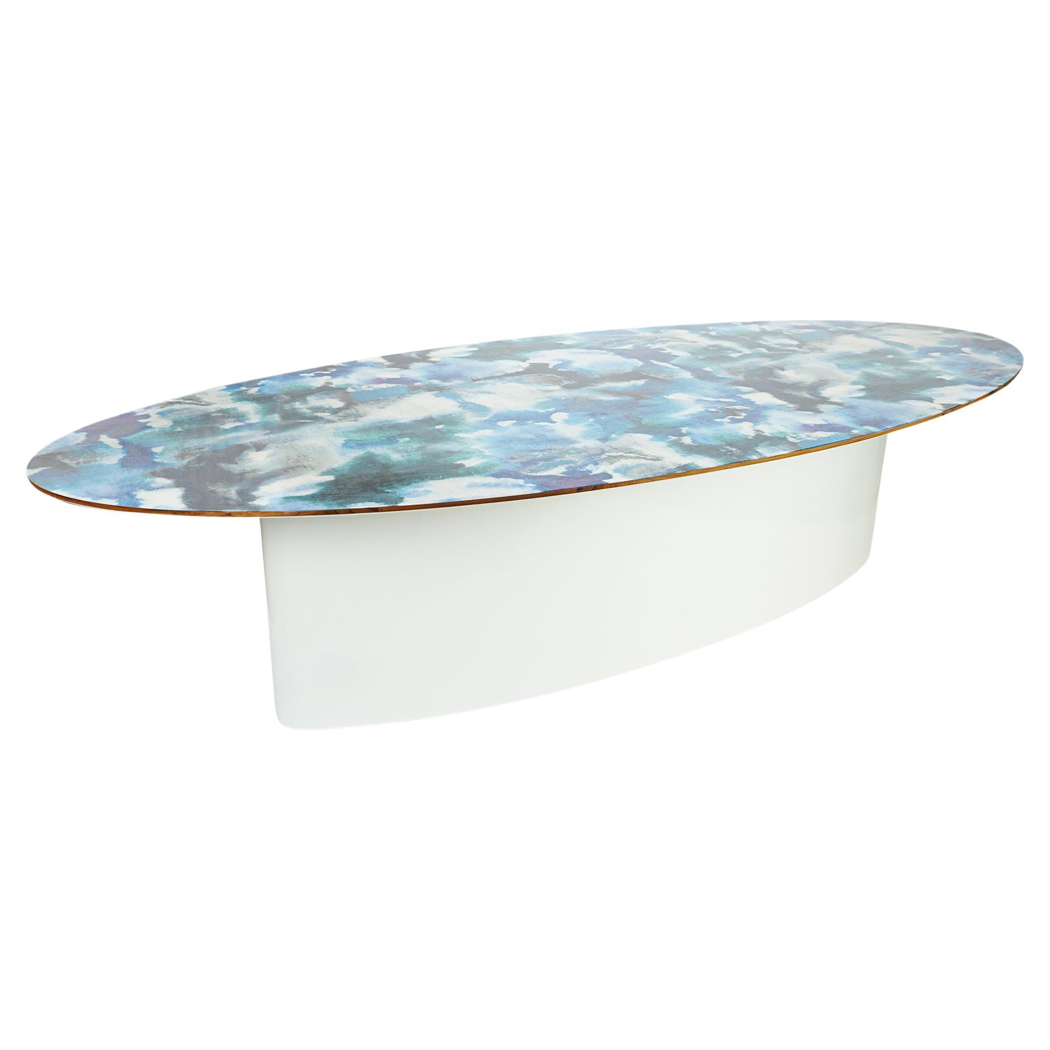 Ellipse Dining Table with Decorative Top Finished in Resin and Lacquered Base