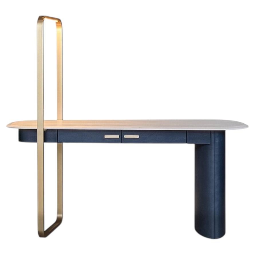 Ellipse Light Up Leather Desk w/ Travertine Top by Federico Peri for Baxter For Sale