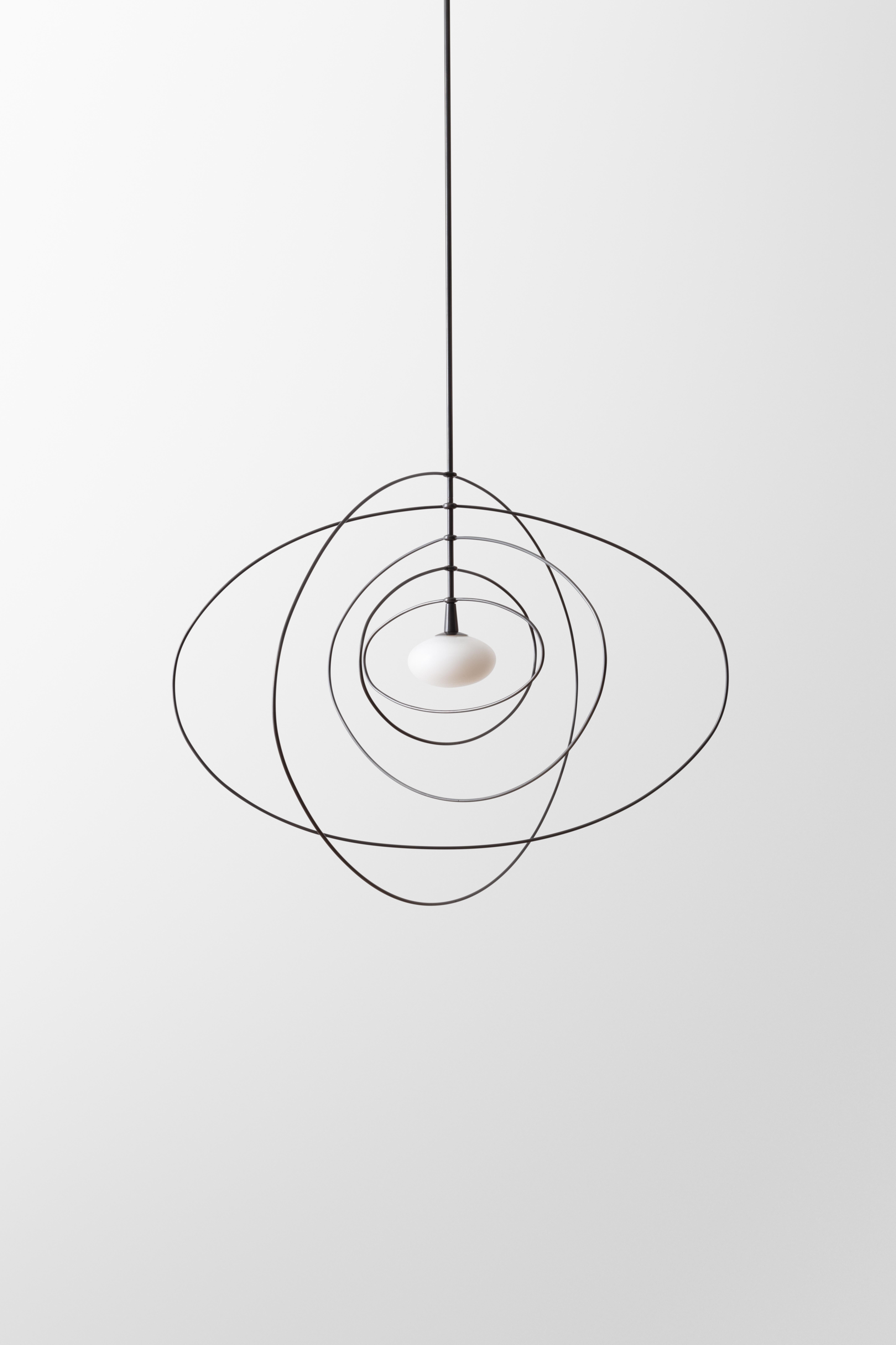 Modern Ellipse Mobile Pendant LED Kinetic Sculpture with Blown Glass and Brass Rings For Sale