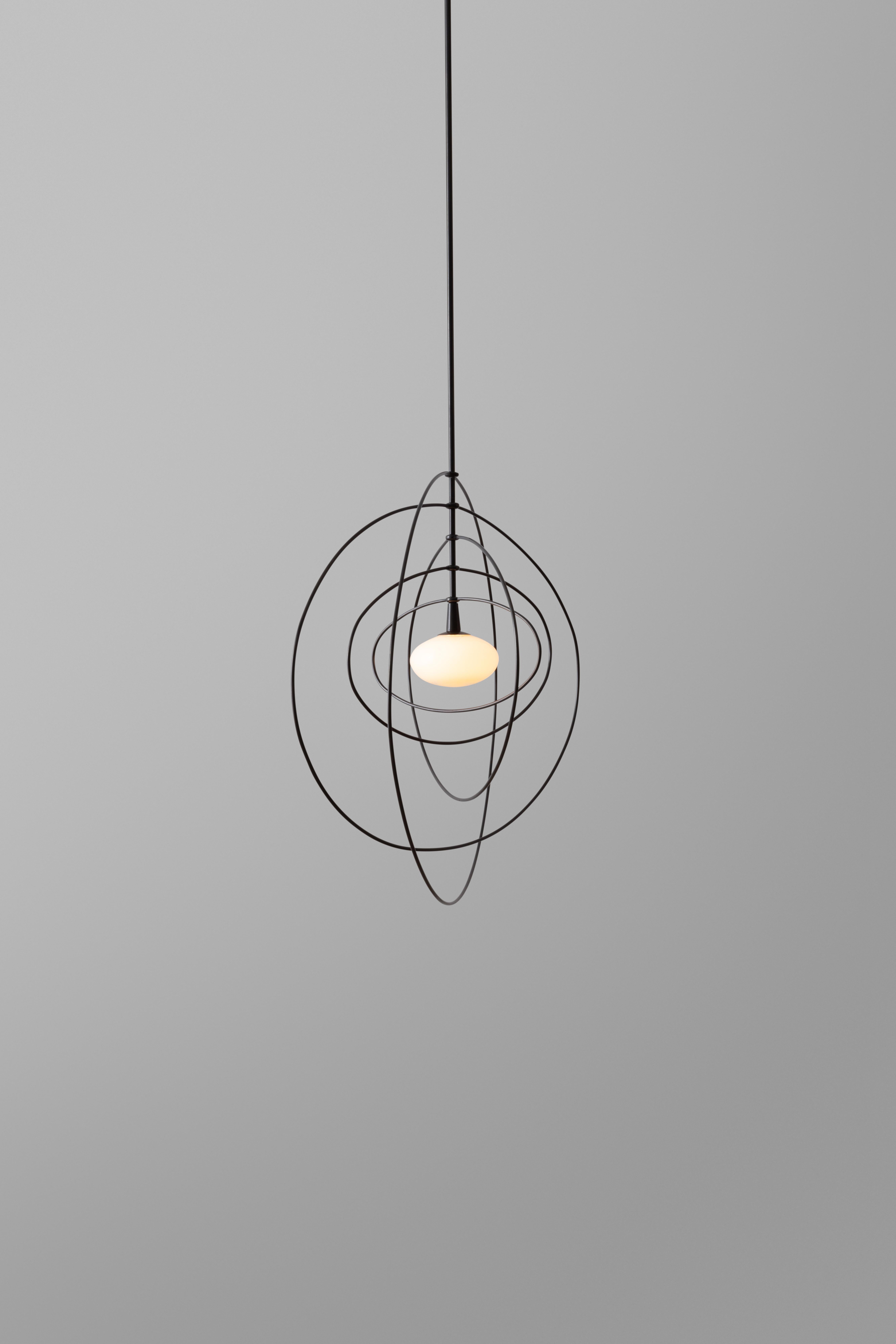 Ellipse Mobile Pendant LED Kinetic Sculpture with Blown Glass and Brass Rings In New Condition For Sale In Brooklyn, NY