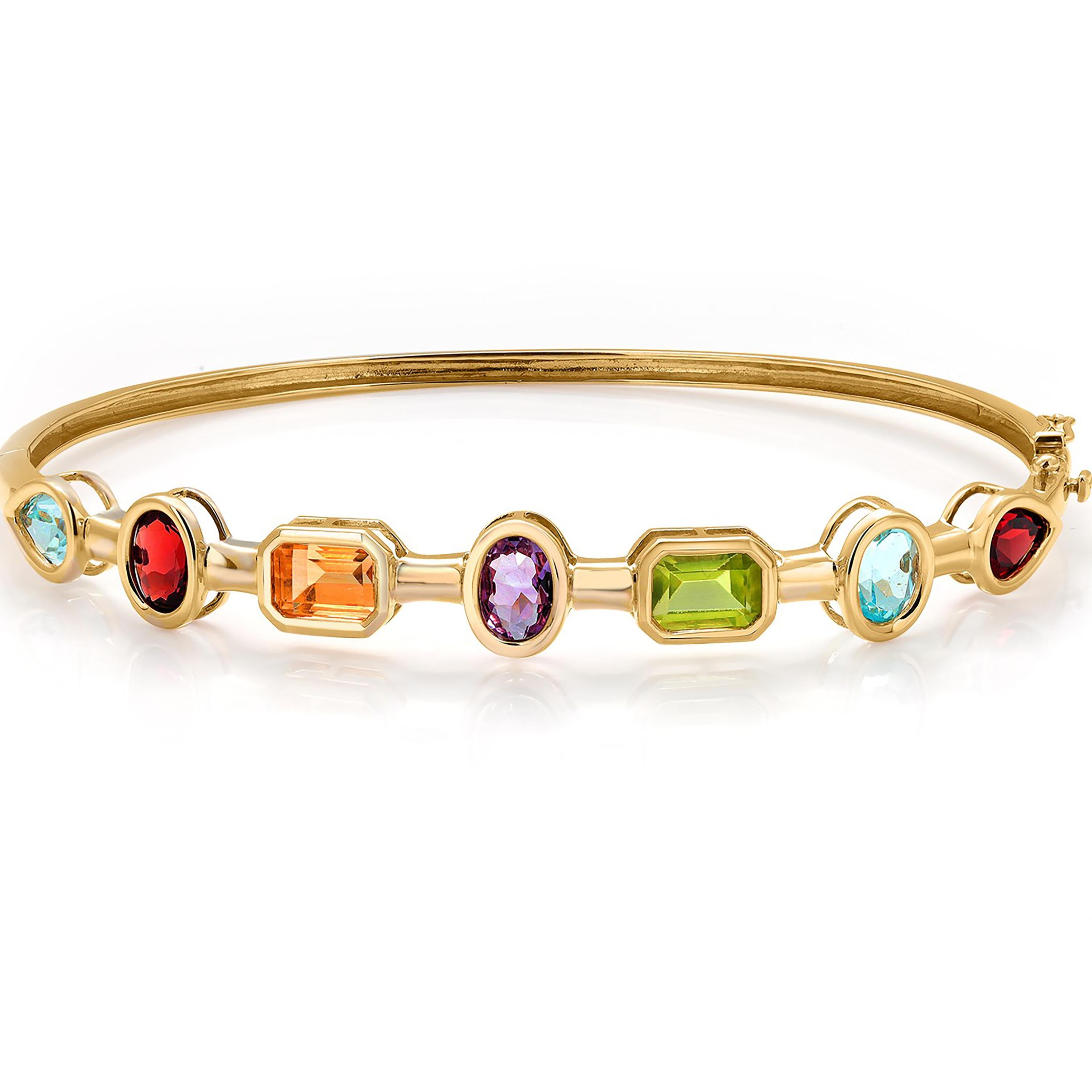 Elliptical Hinged Vintage Yellow Gold Multi Color Gemstone Bangle Bracelet In Good Condition In New York, NY