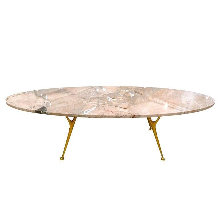 Elliptical Italian Marble Cocktail Table with Cast Solid Bronze Legs For Sale