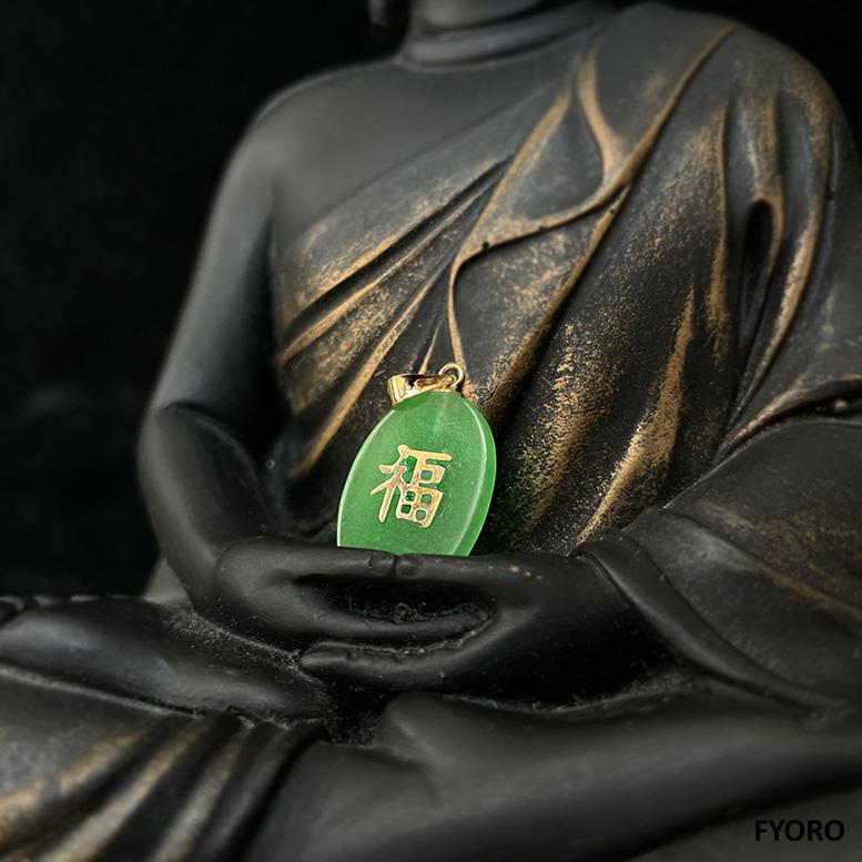 Elliptical Jade Fu Fuku Fortune Pendant (with 14K Solid Yellow Gold) For Sale 5