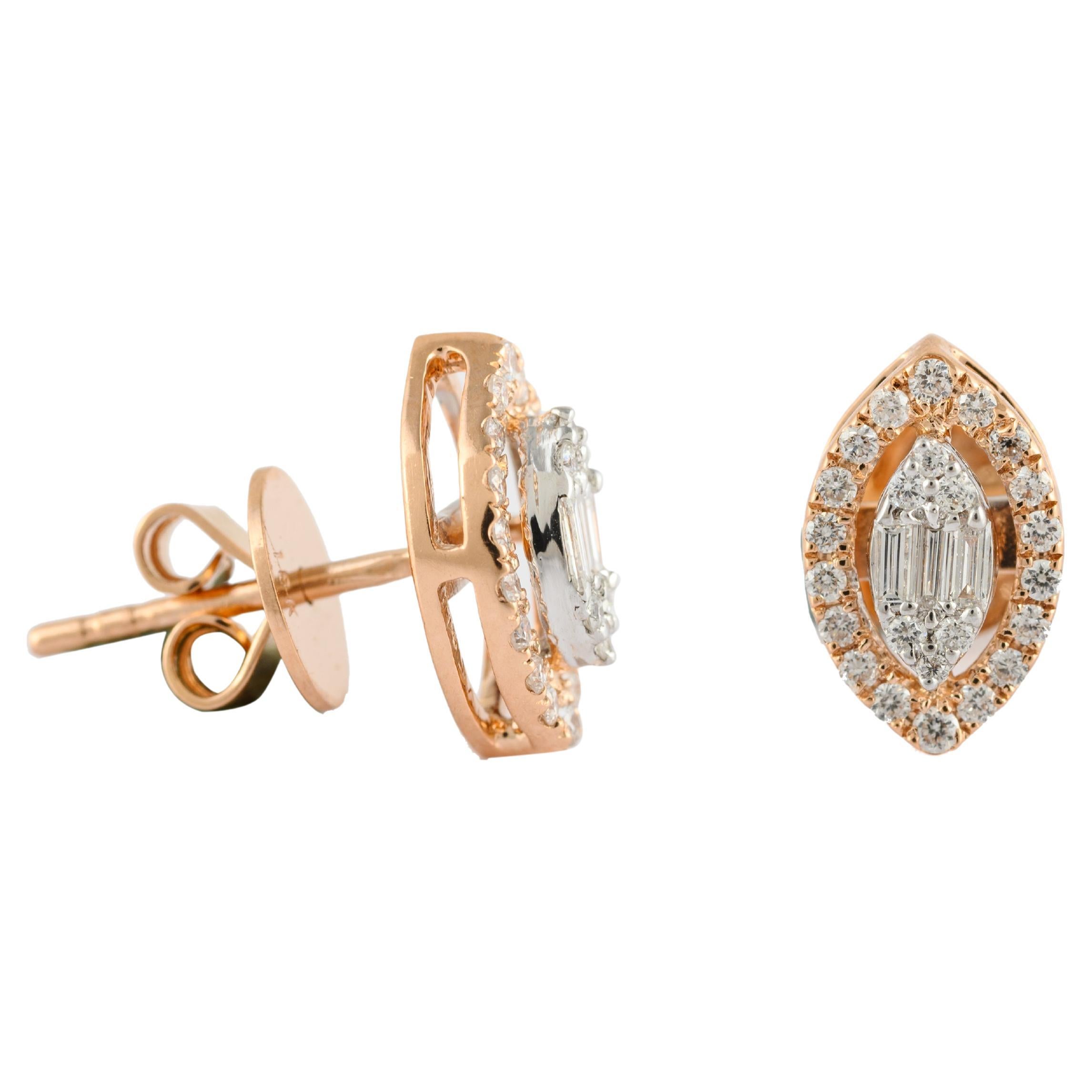 Minimal Leaf Shaped Diamond Pushback Stud Earrings in 18K Gold to make a statement with your look. You shall need stud earrings to make a statement with your look. These earrings create a sparkling, luxurious look featuring round cut diamonds.
April