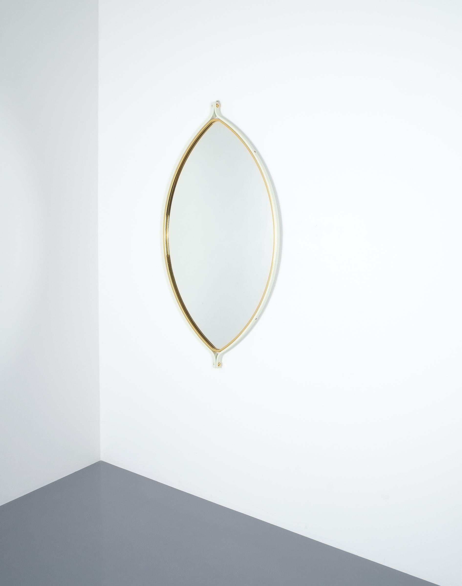 Mid-Century Modern Elliptical Lens Mirror White Lacquer Brass Midcentury, Italy For Sale