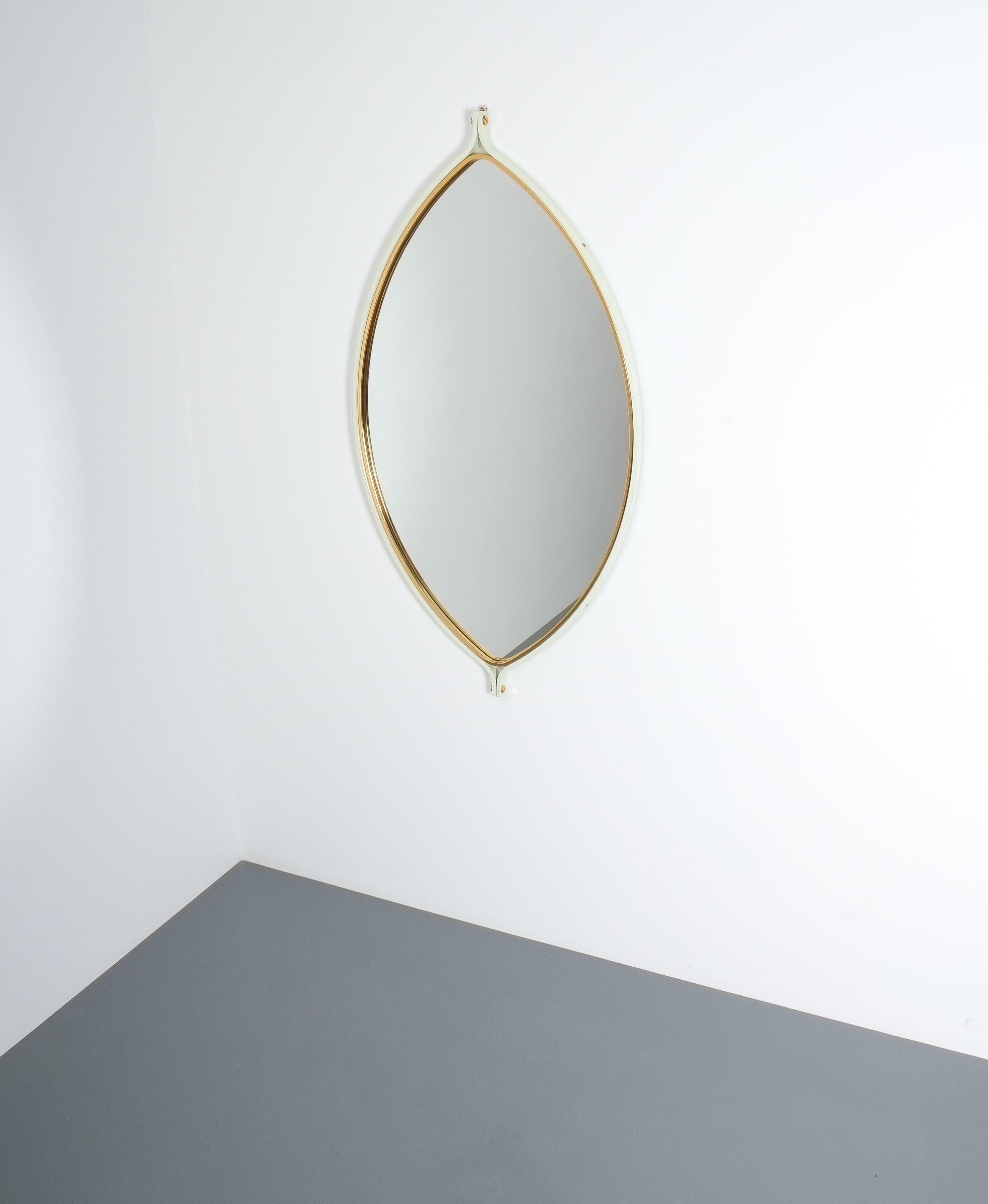 Italian Elliptical Lens Mirror White Lacquer Brass Midcentury, Italy For Sale