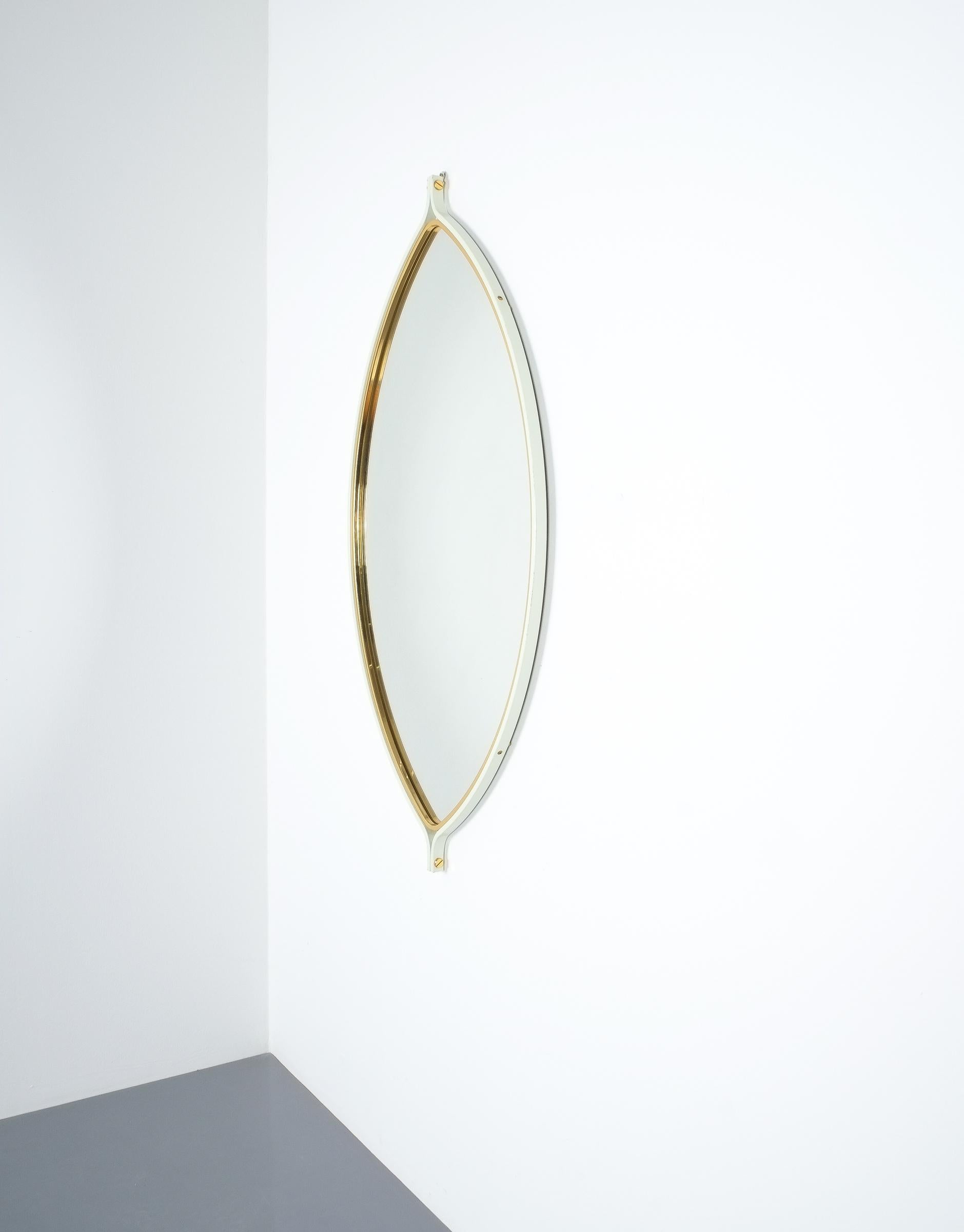 Lacquered Elliptical Lens Mirror White Lacquer Brass Midcentury, Italy For Sale