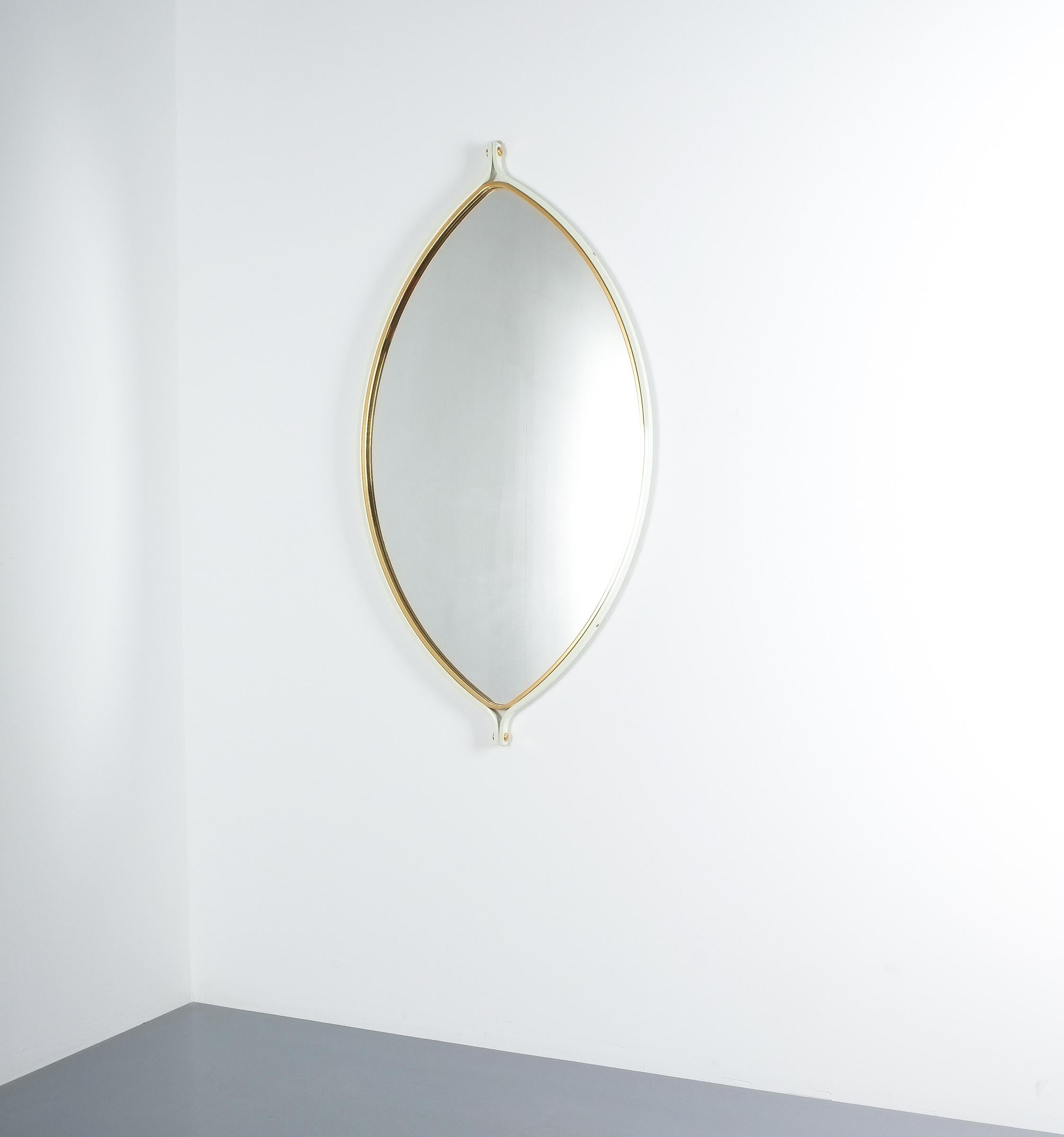 Late 20th Century Elliptical Lens Mirror White Lacquer Brass Midcentury, Italy For Sale