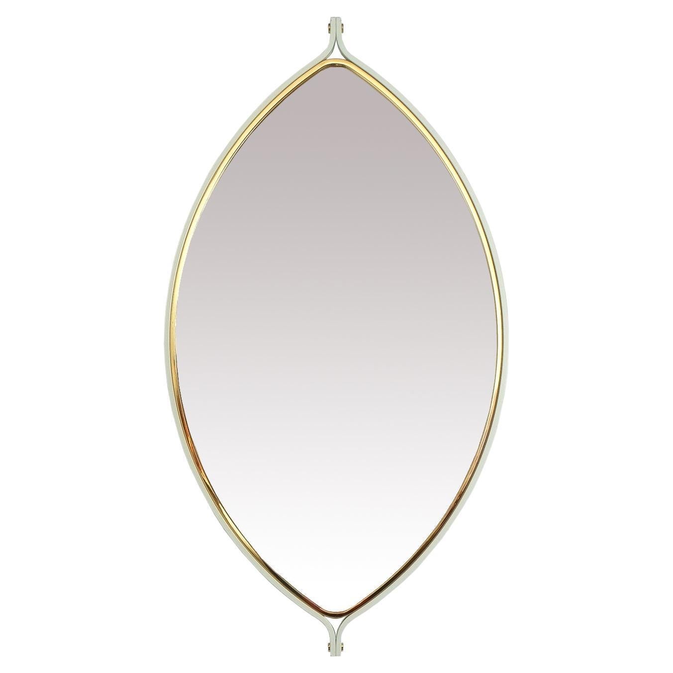 Elliptical Lens Mirror White Lacquer Brass Midcentury, Italy For Sale