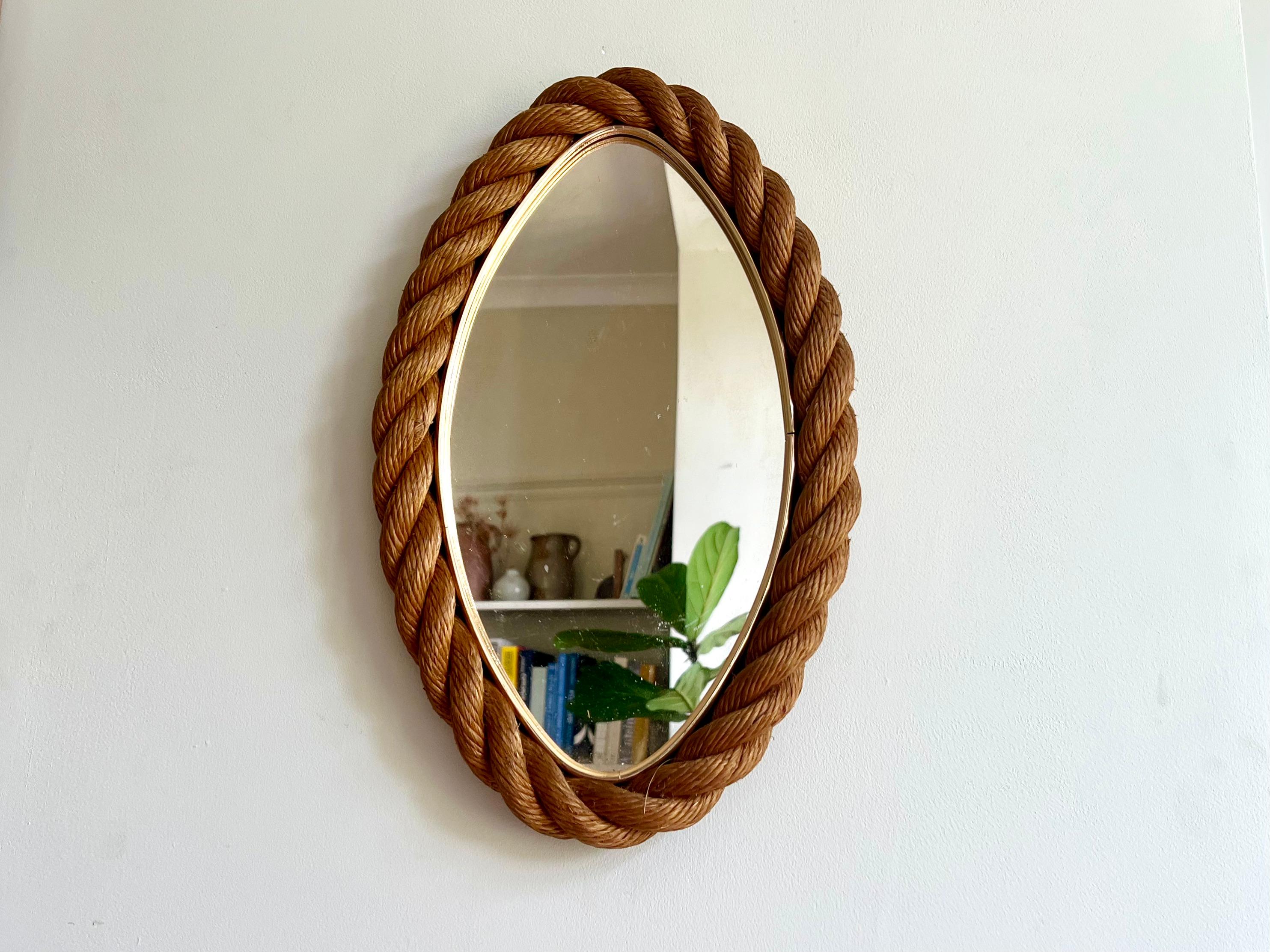 French Elliptical rope frame wall mirror, Audoux & Minet, France 1960s