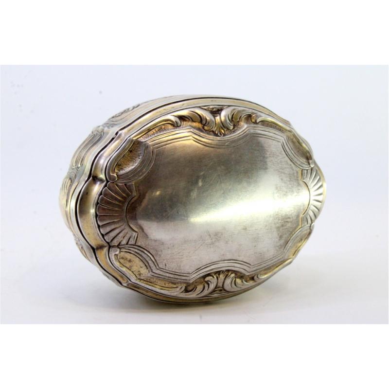 19th Century Elliptical silver box with reliefs surrounding monogram cards, gold interior For Sale