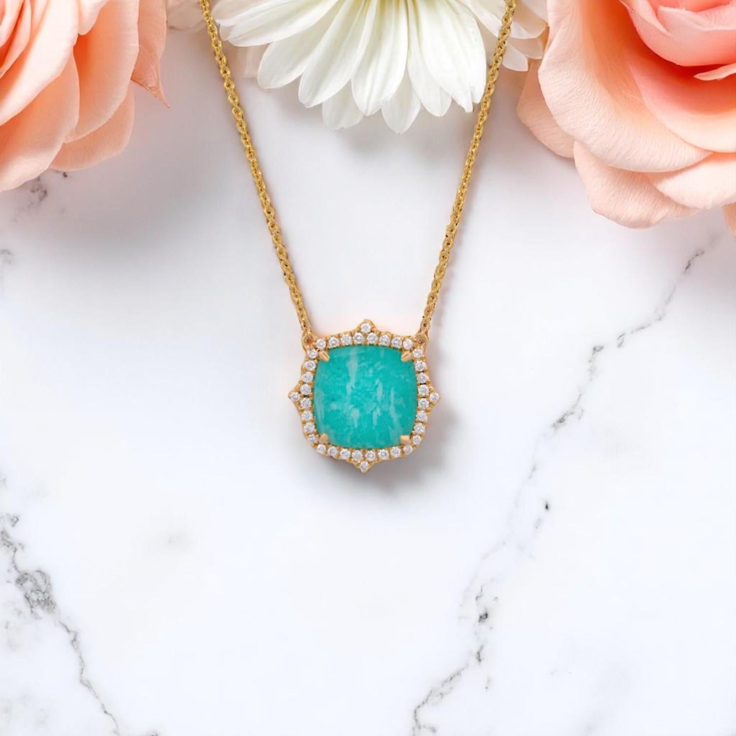 Art Deco Ellis  18k Yellow Gold Necklace – 4.88 ct Amazonite & .21 ctw Natural Diamonds For Sale