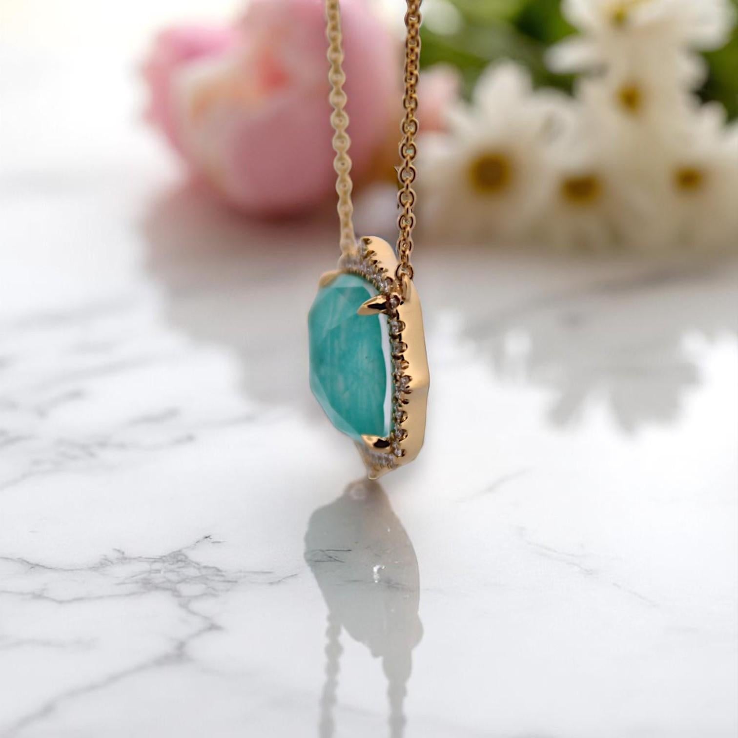 Cushion Cut Ellis  18k Yellow Gold Necklace – 4.88 ct Amazonite & .21 ctw Natural Diamonds For Sale