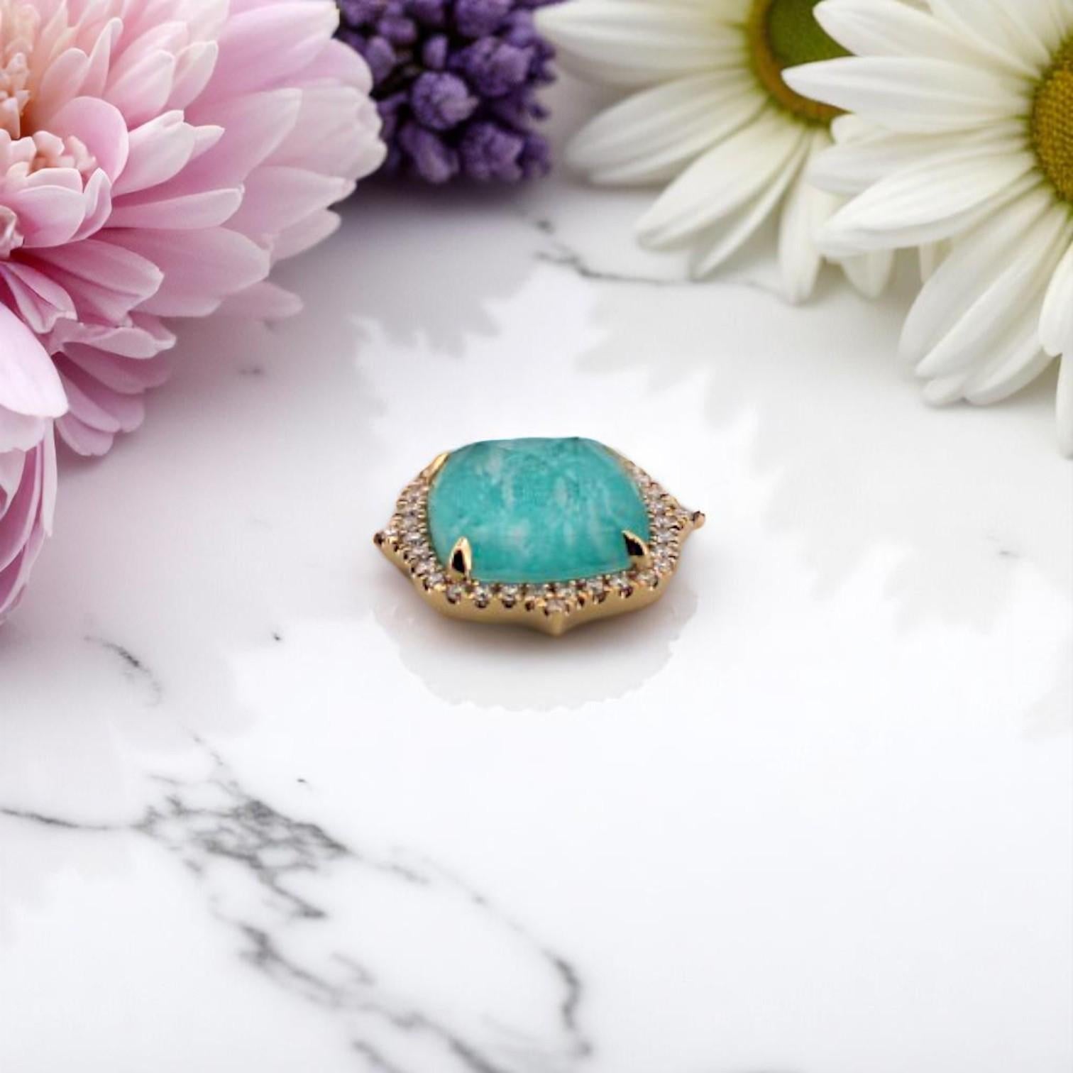 Ellis  18k Yellow Gold Necklace – 4.88 ct Amazonite & .21 ctw Natural Diamonds In New Condition For Sale In Greeneville, TN