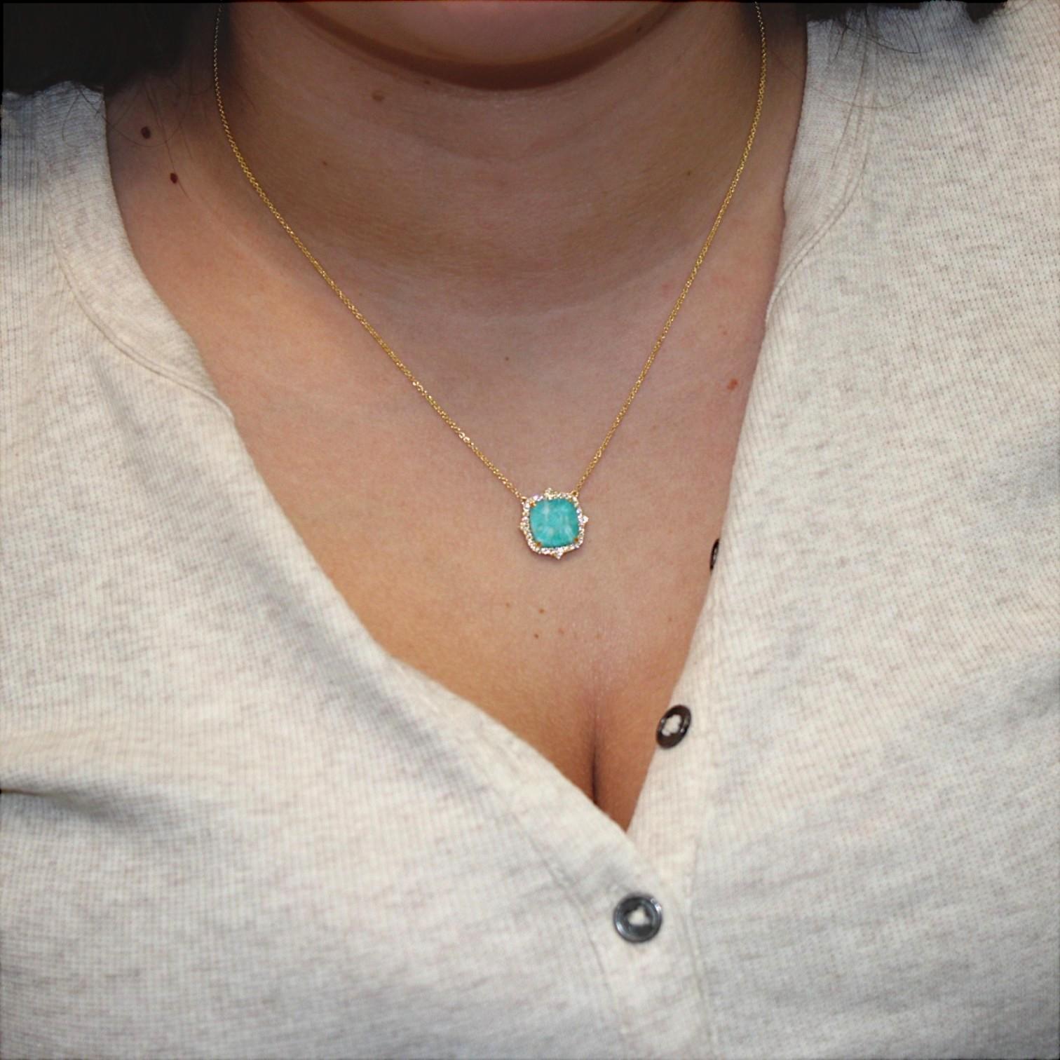 Women's Ellis  18k Yellow Gold Necklace – 4.88 ct Amazonite & .21 ctw Natural Diamonds For Sale