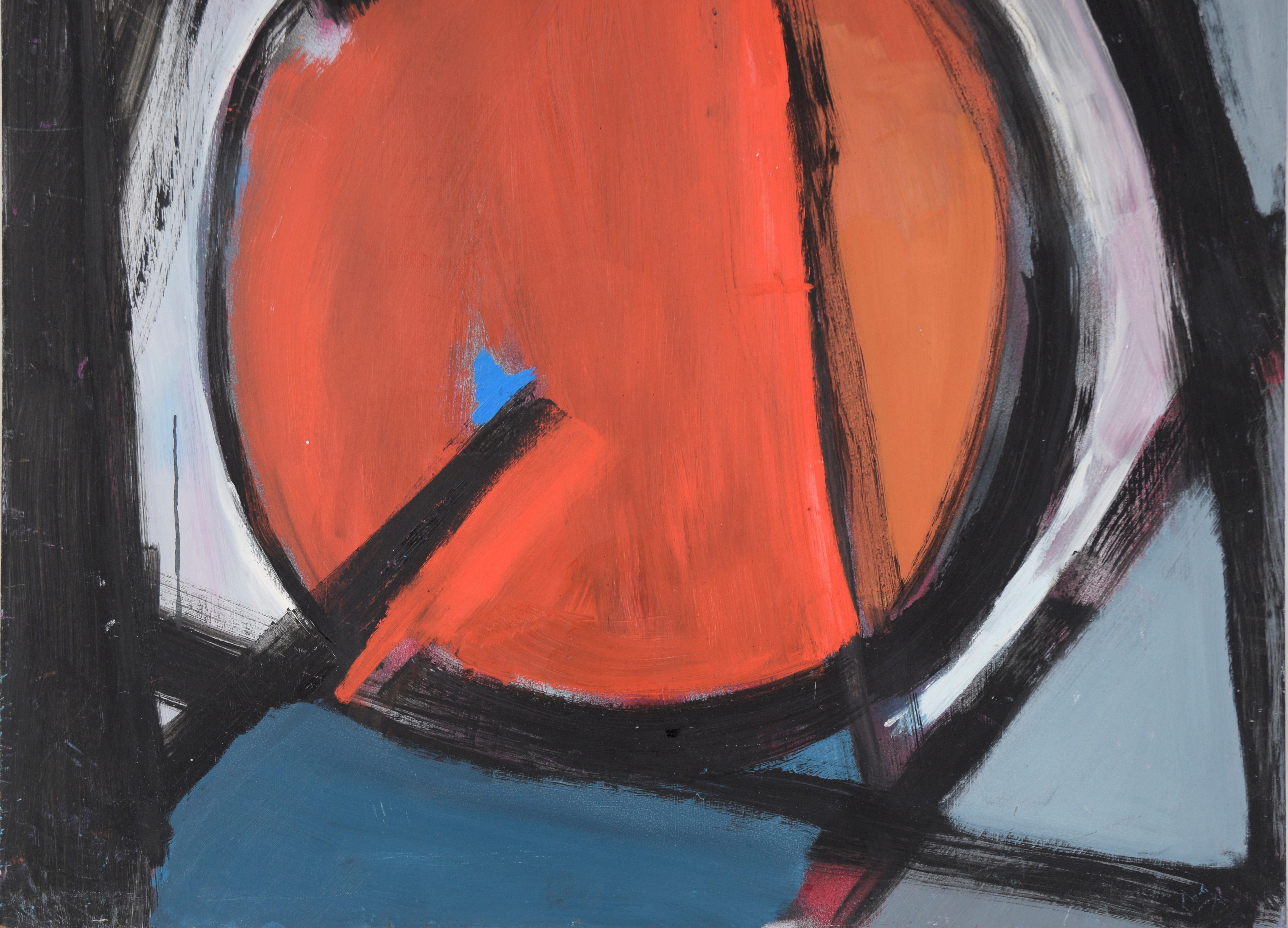 Bay Area Abstract Geometric Painting with Red Circle - Brown Abstract Painting by Ellis Hopkins