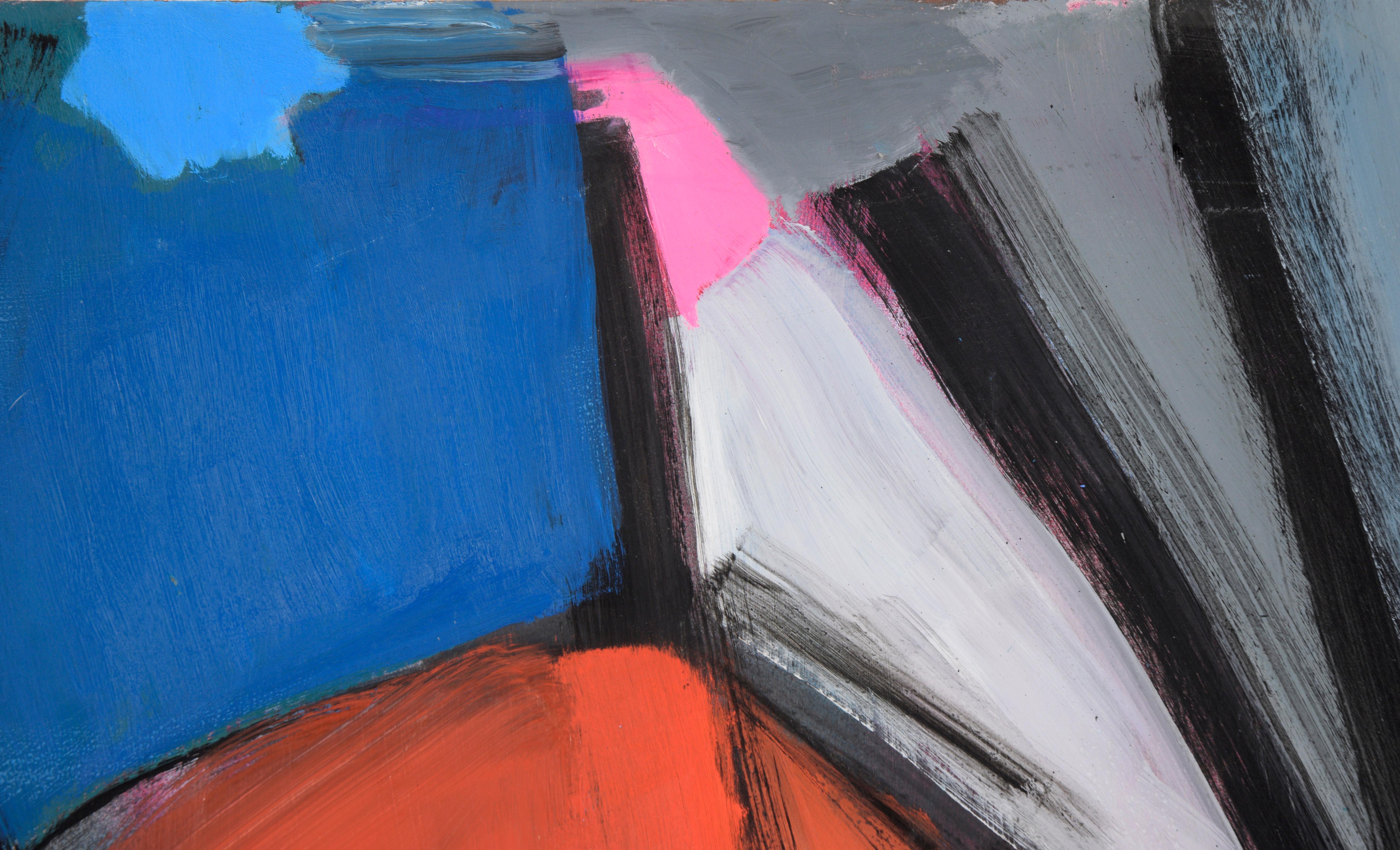 Bay Area Abstract Geometric Painting with Red Circle by Ellis Hopkins (American, b. 1952). 

This abstract composition features bold brushstrokes and highly contrasting colors. A large red circle dominates the center of the canvas. It is overlapped
