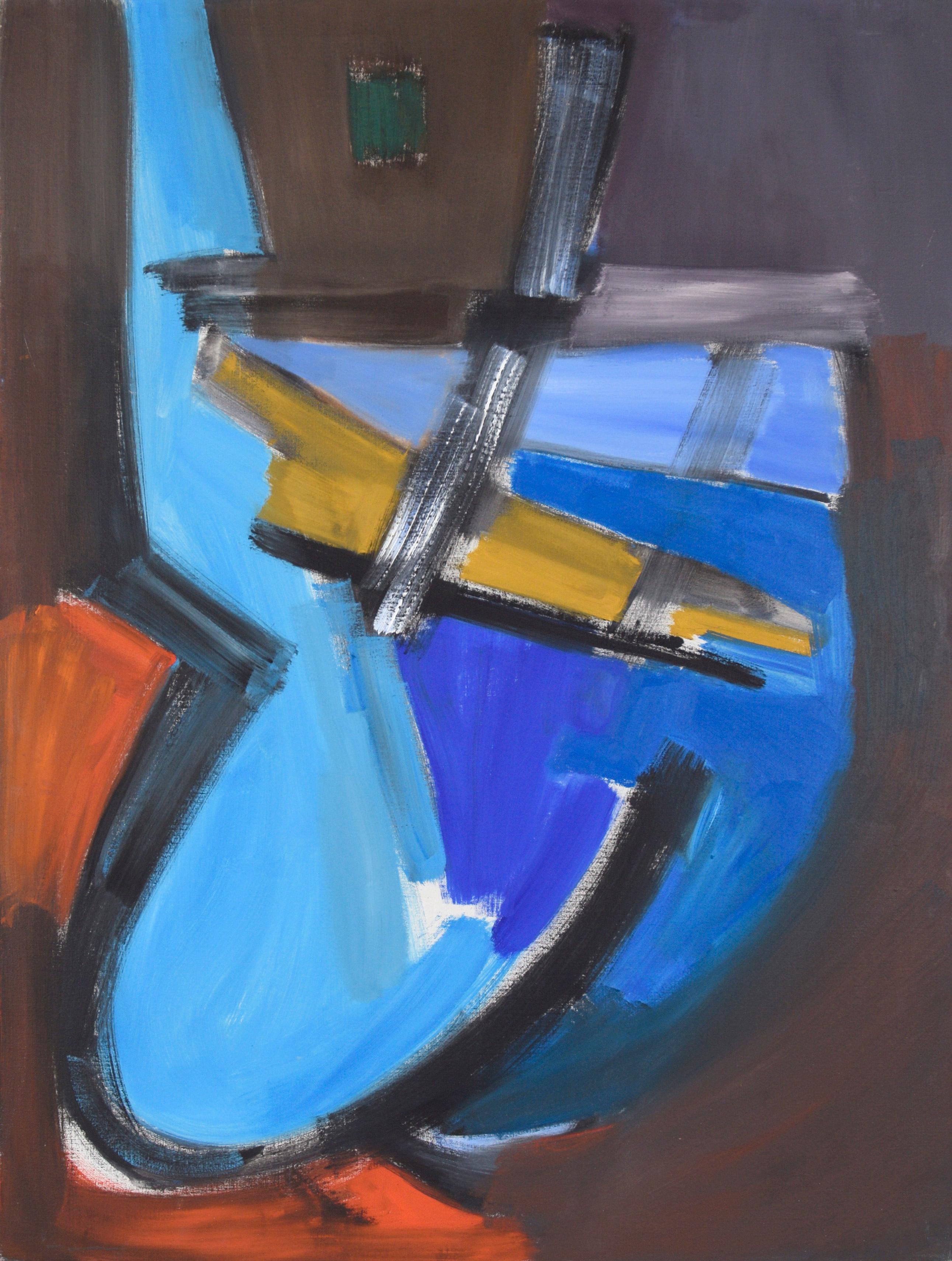 Abstract Composition with Viridian Square by Ellis Hopkins (American, b. 1952). 

This abstract composition features bold brushstrokes and highly contrasting colors. A large blue shape careens towards the bottom left corner, outlined in bold black