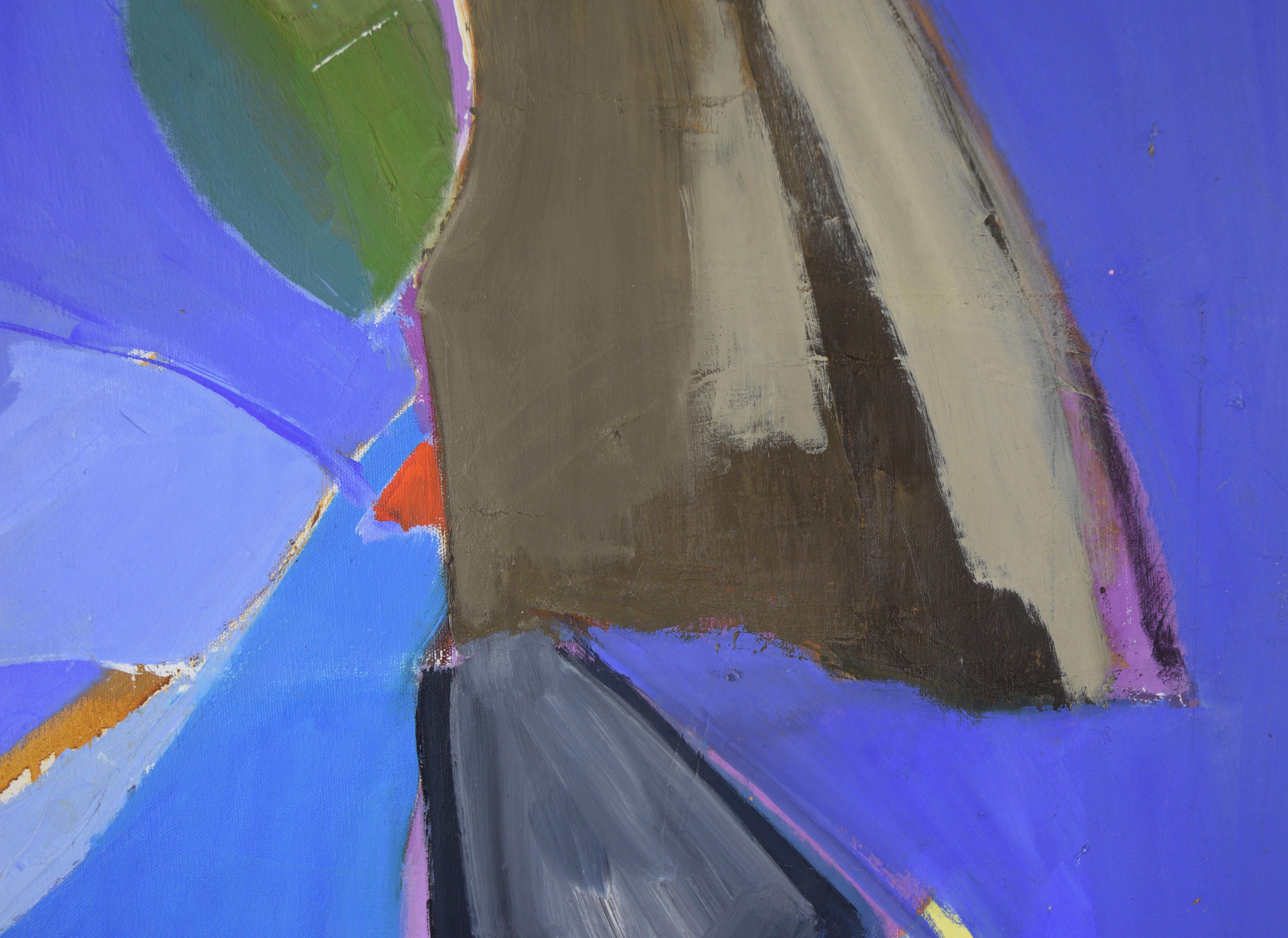 Bay Area Kubistische Figur in Öl auf Leinwand (Blau), Abstract Painting, von Ellis Hopkins