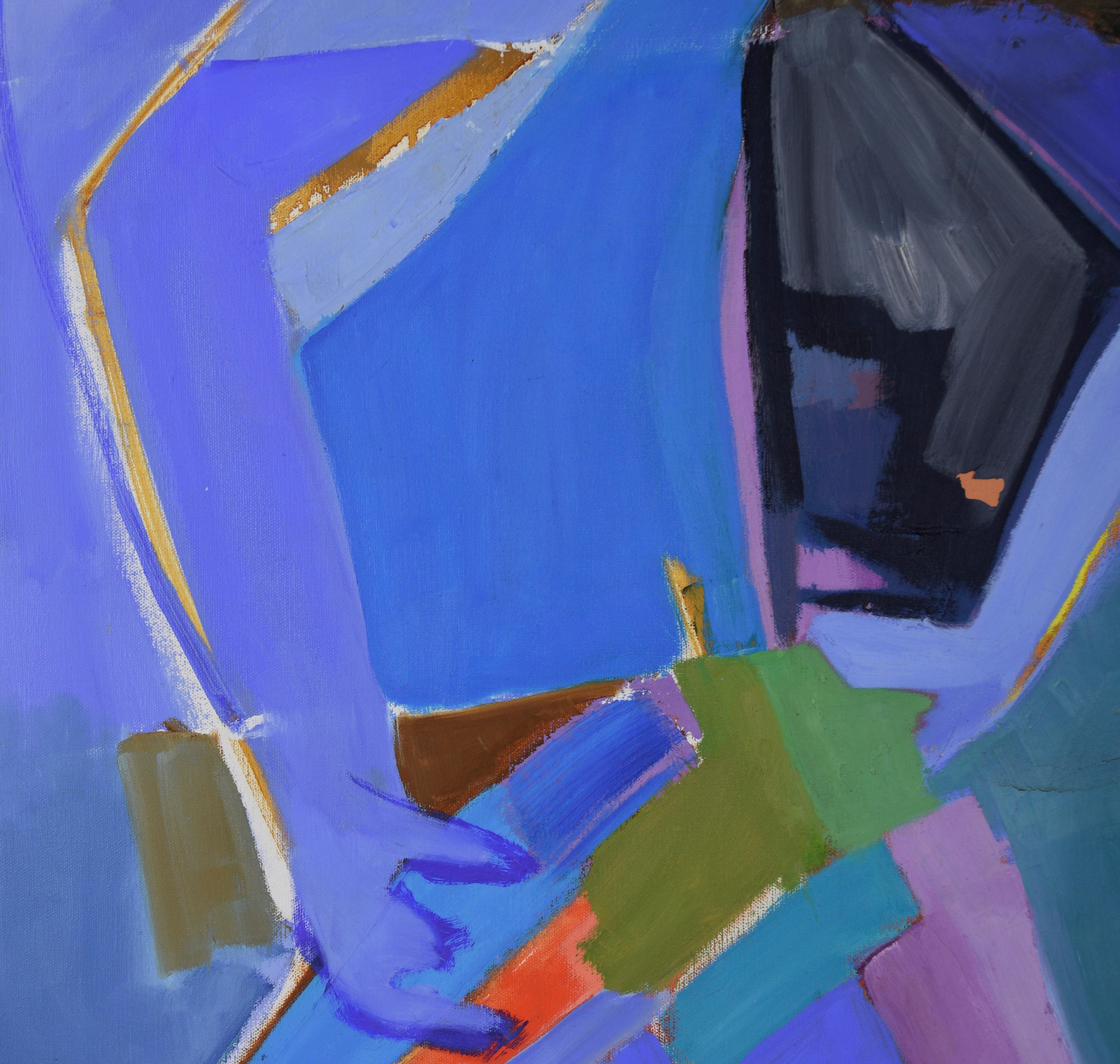 Kubistische Figur aus der Bay Area in Öl auf Leinwand von Ellis Hopkins (Amerikaner, geb. 1952). 

Diese lebhafte, vom Kubismus inspirierte Komposition zeigt eine sitzende Figur, die in ineinander greifende Farbflächen und geometrische Formen
