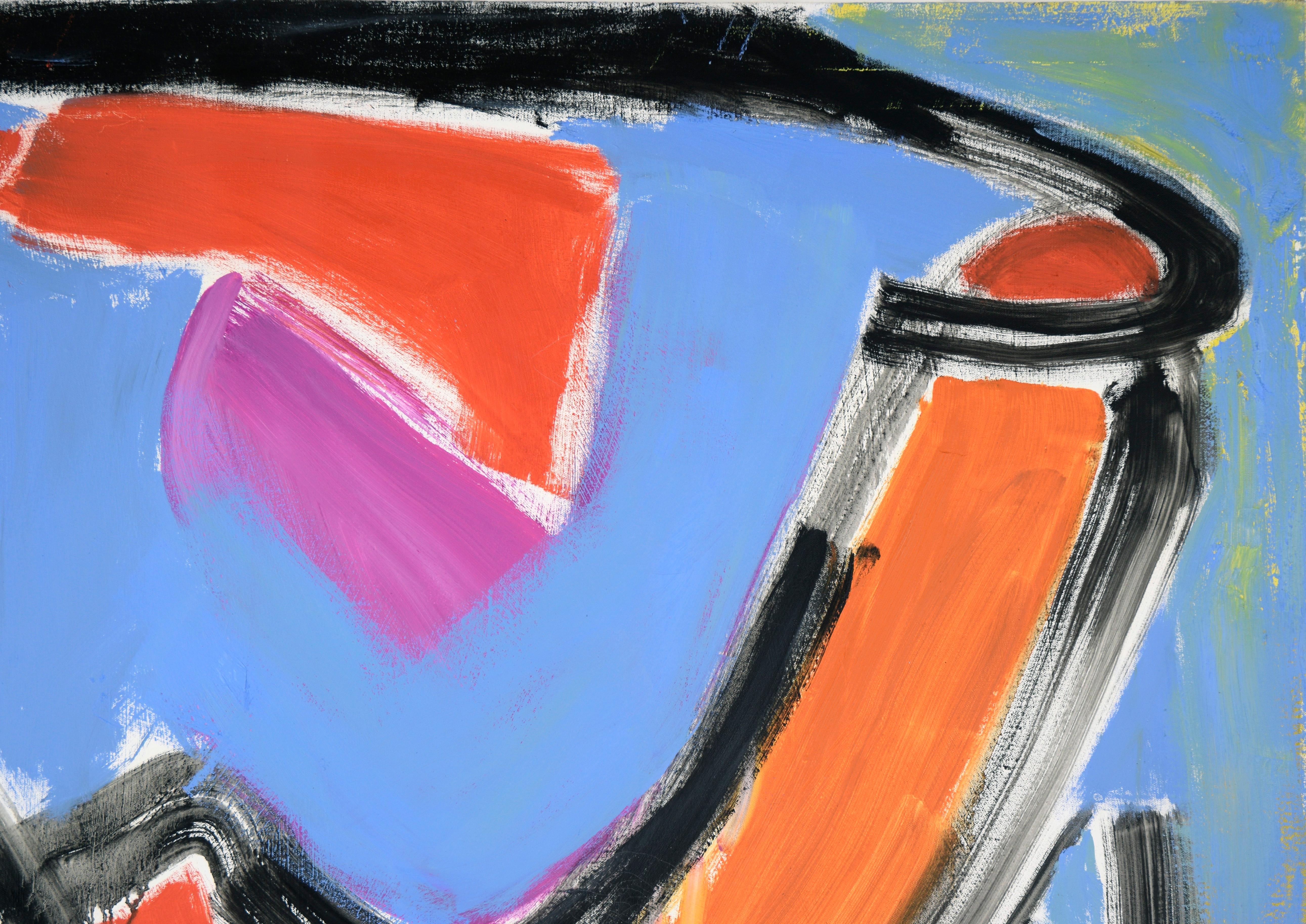 Bold Gestural Abstract Composition with Vibrant Greens and Reds by Ellis Hopkins (American, b. 1952). 

This large scale piece is comprised of blocks of bright colors atop a cornflower blue background. The blocks of color are primarily rendered in