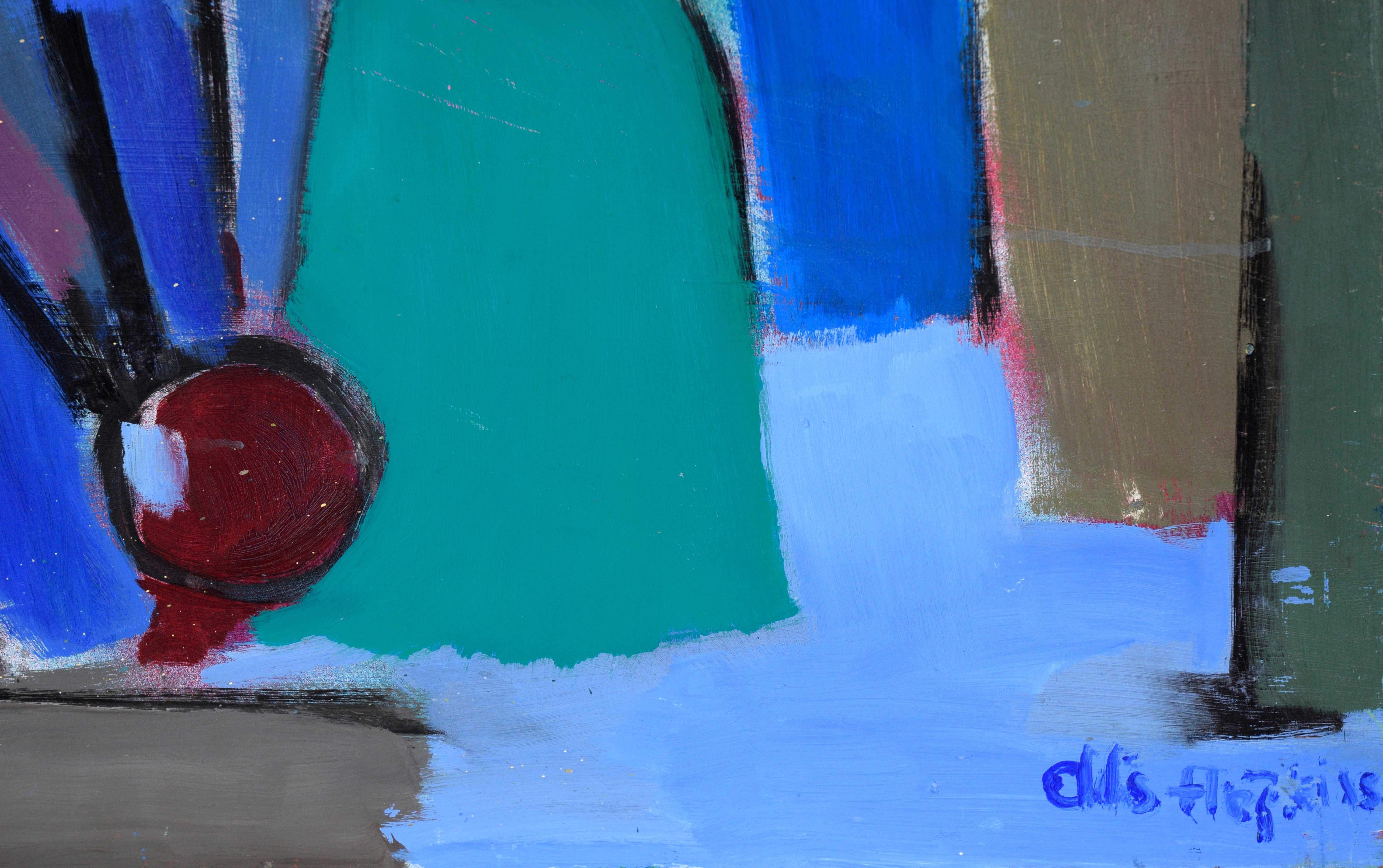 Color Block Abstracted Still Life with Bust by Ellis Hopkins (American, b. 1952). 

This bold composition combines the language of still life with geometric abstraction. Vivid blocks of color and black linework create triangles and squares which