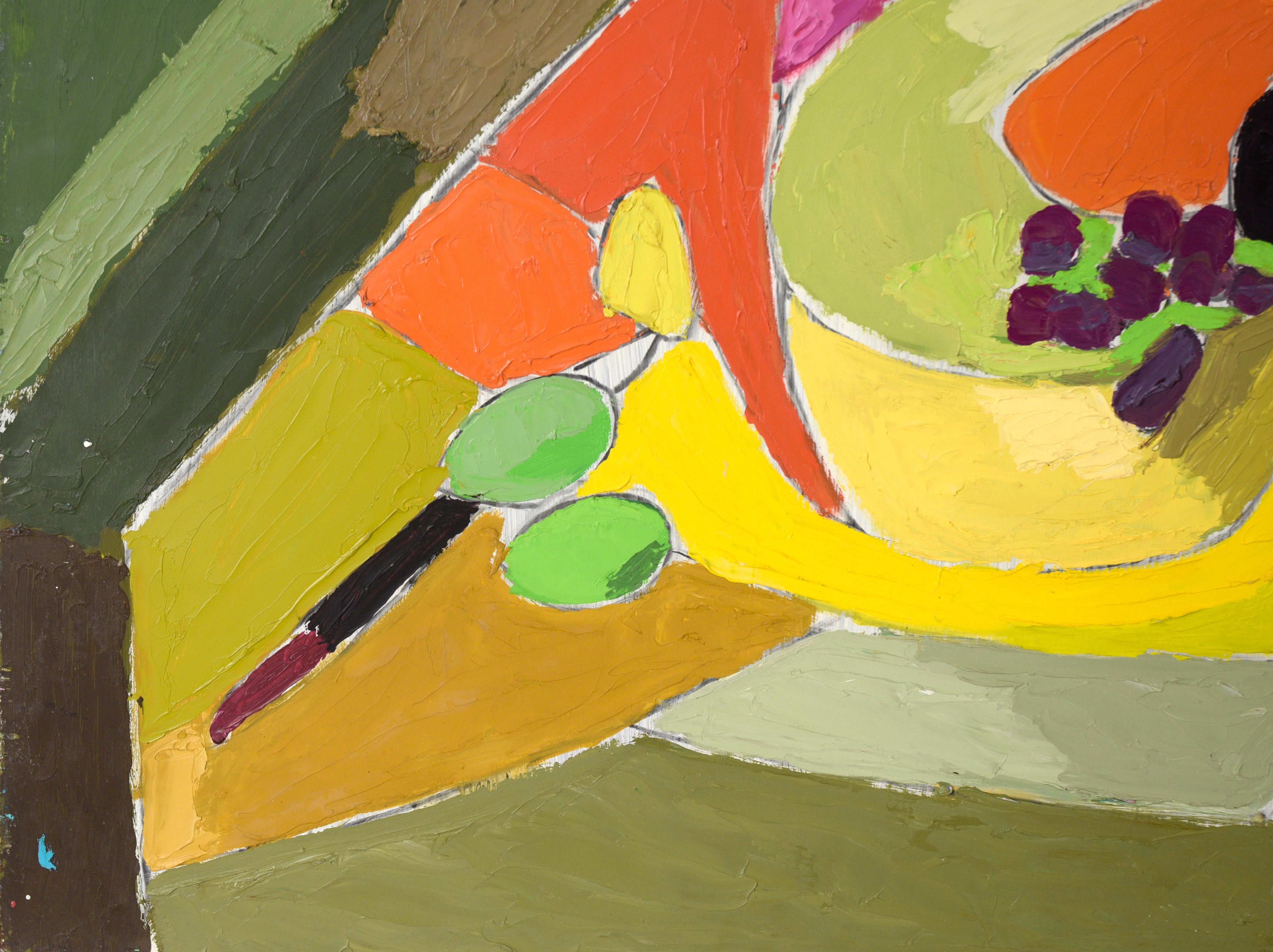 Nature morte moderniste à blocs de couleurs avec coupe de fruits - Modernisme américain Painting par Ellis Hopkins