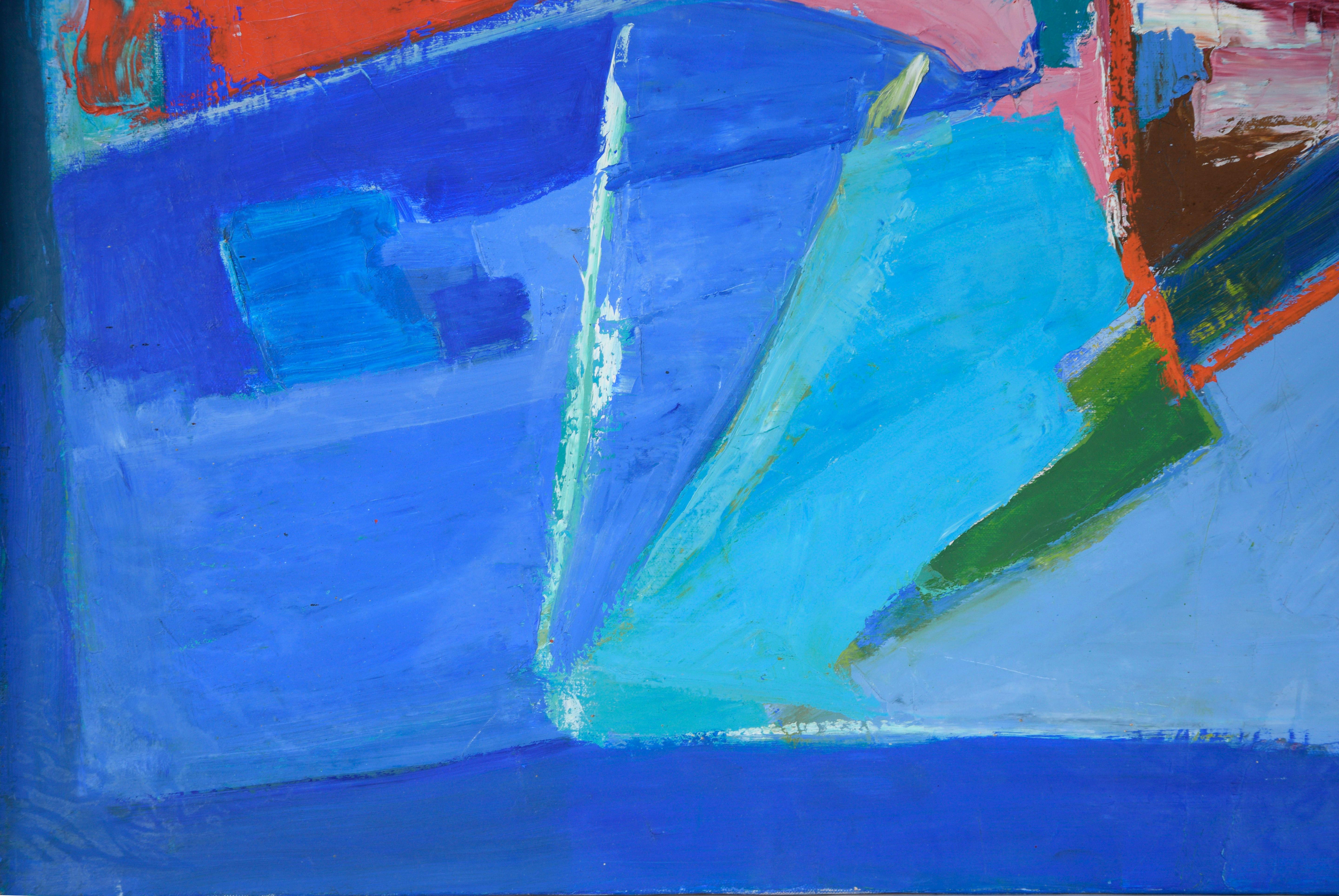 Colorful Abstracted Landscape in the Style of Diebenkorn by Ellis Hopkins (American, b. 1952). 

This dynamic piece features textured blocks of color which resemble an abstracted landscape or still life. Blue and cyan sections compose the majority