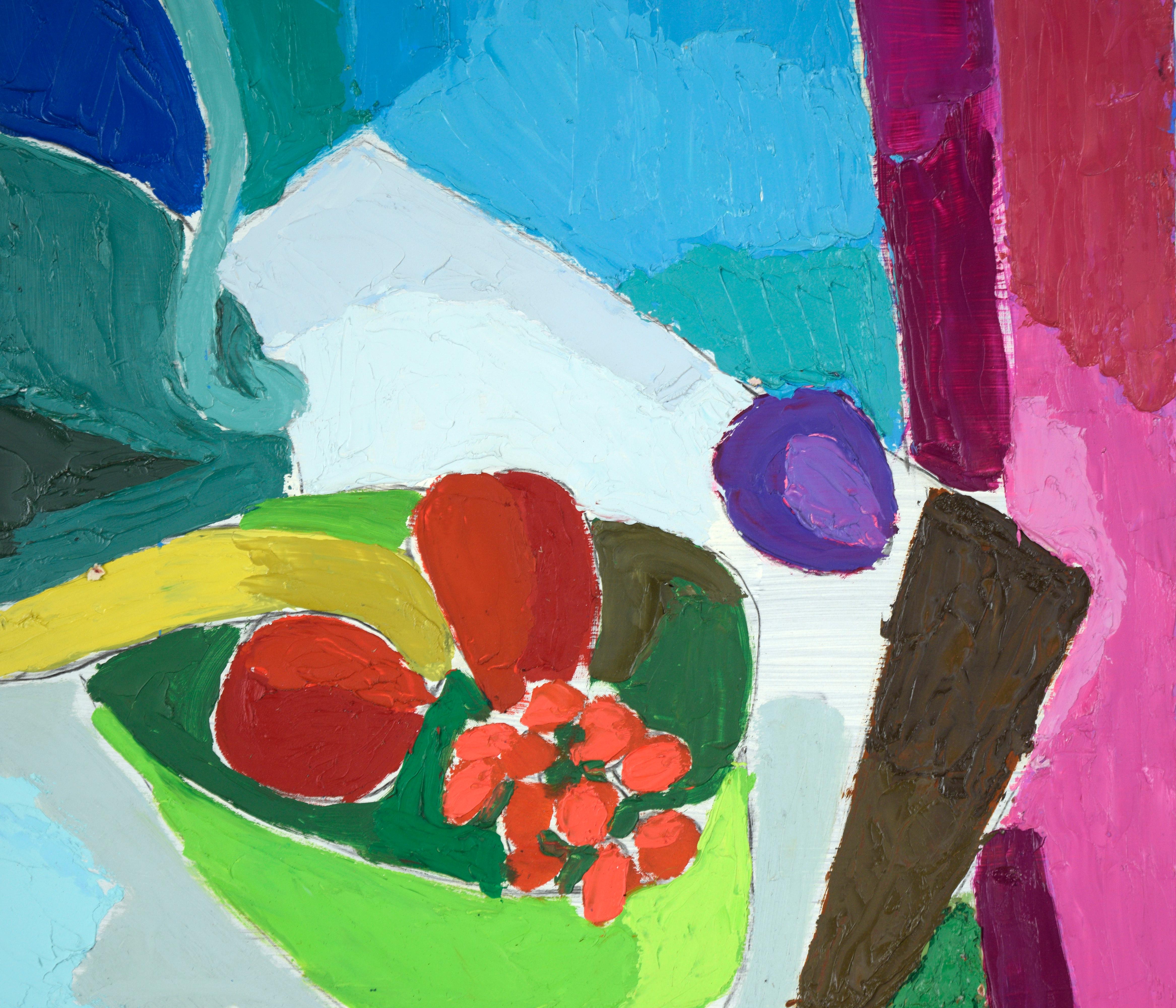 Buntes modernistisches Stillleben mit Obst und Wasserkrug (Amerikanische Moderne), Painting, von Ellis Hopkins