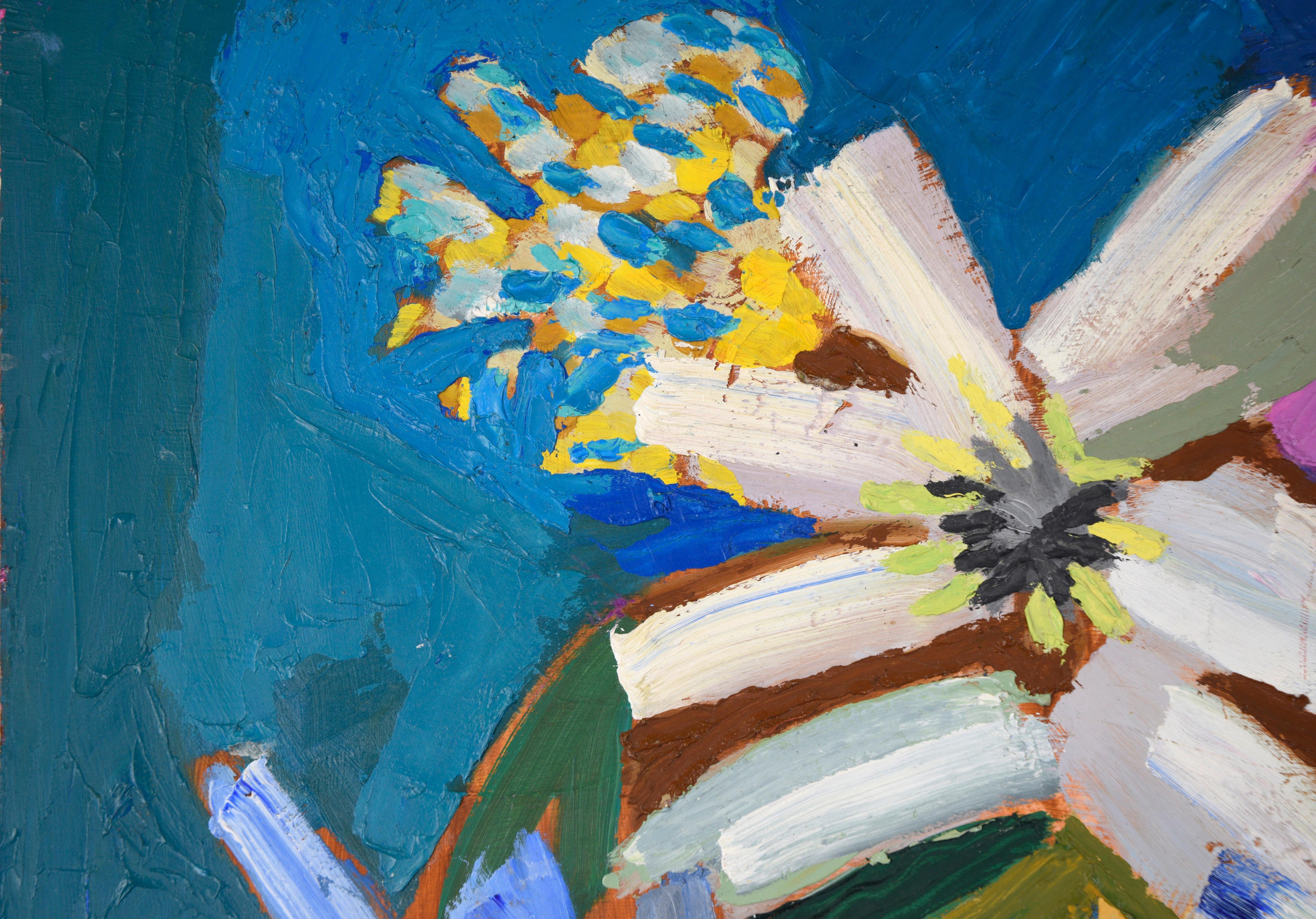 Nature morte moderniste colorée avec fleurs en empâtement Style d'Emily Sillman - Marron Abstract Painting par Ellis Hopkins