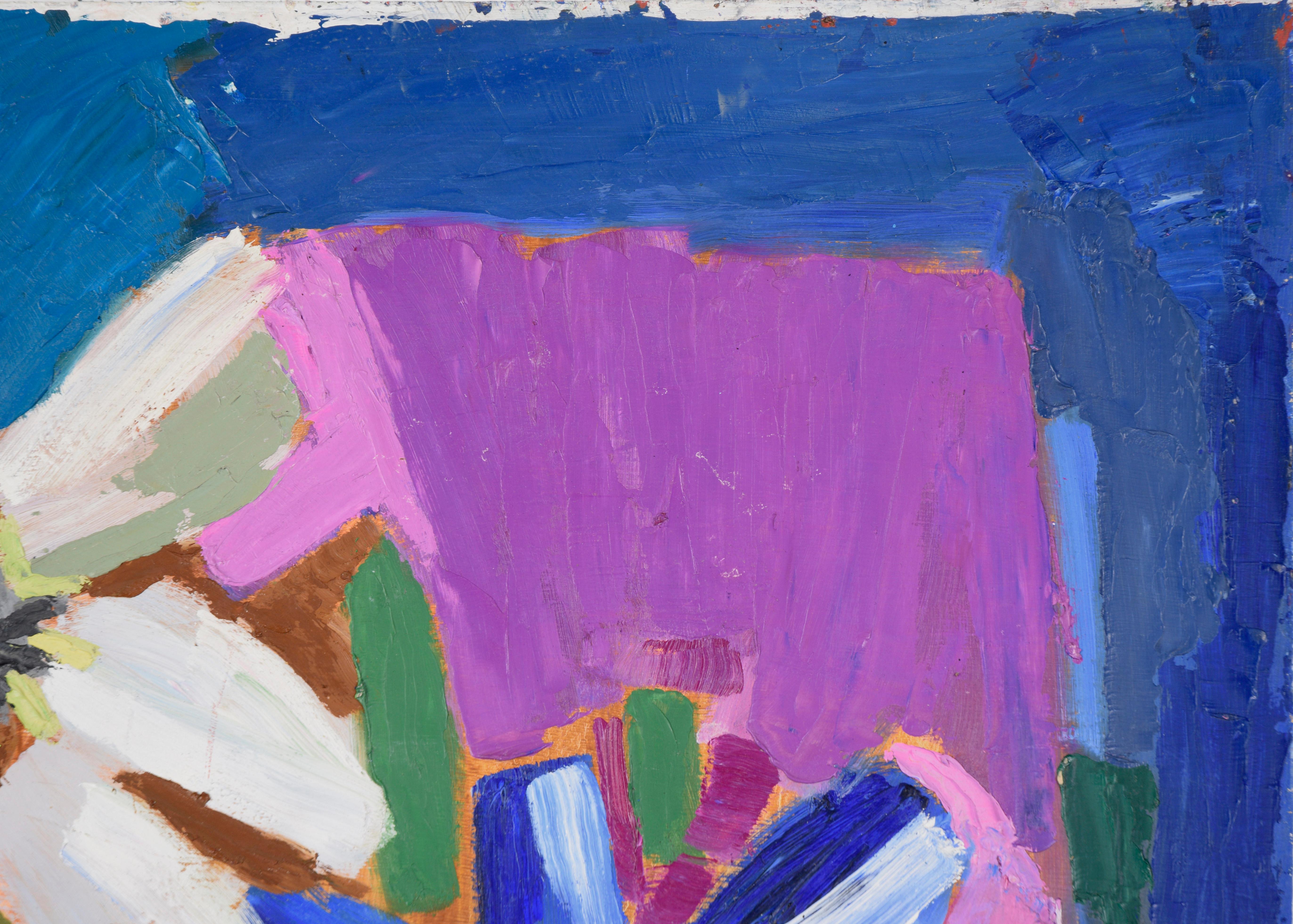 Nature morte moderniste colorée avec fleurs en empâtement par Ellis Hopkins (américain, né en 1952). 

Cette nature morte audacieuse présente un éventail de fleurs comme point central. La peinture est principalement réalisée en empâtement épais,