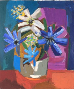 Nature morte moderniste colorée avec fleurs en empâtement Style d'Emily Sillman