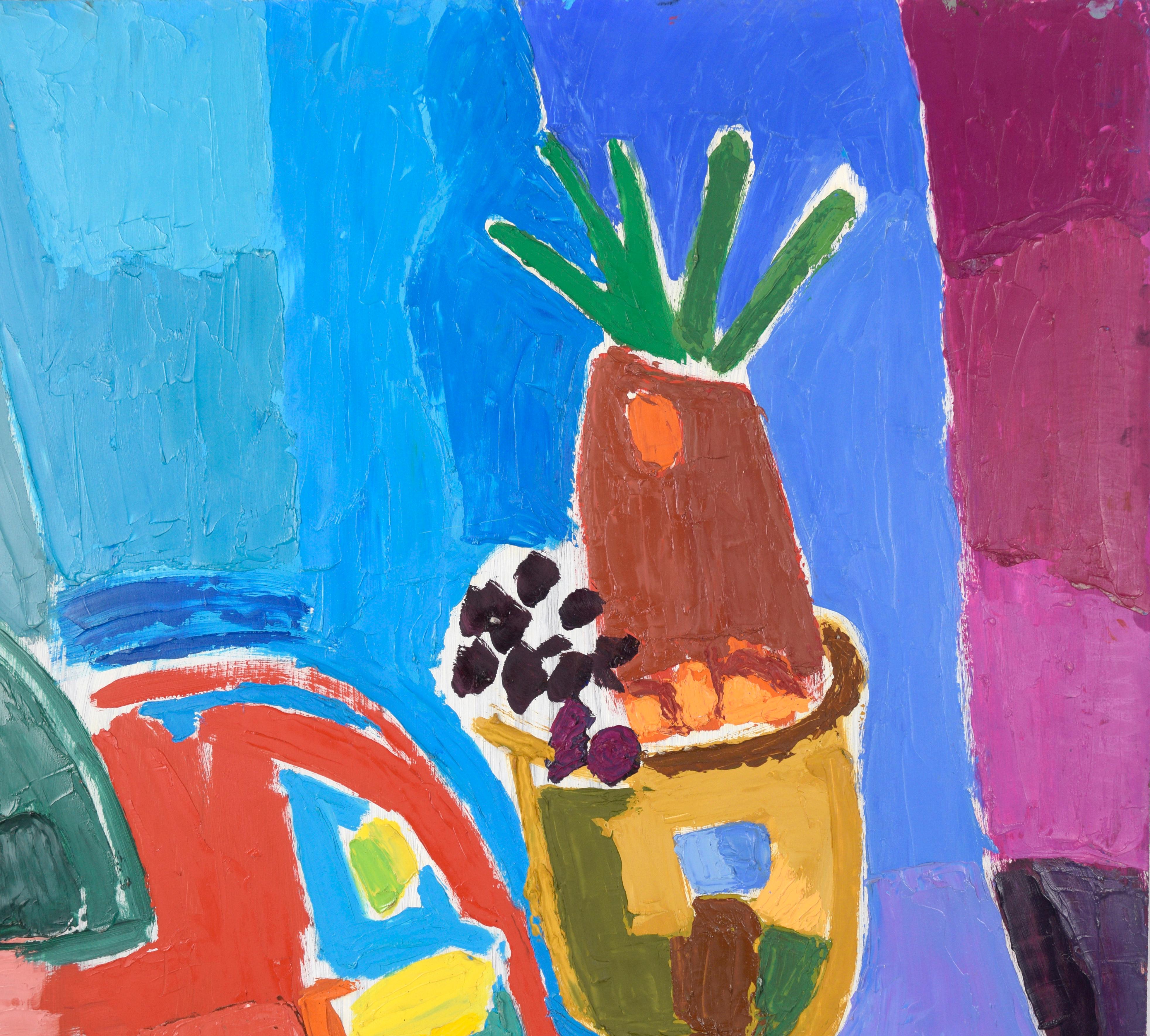 Colorful Modernist Still Life with Jug and Plant - Gray Abstract Painting by Ellis Hopkins