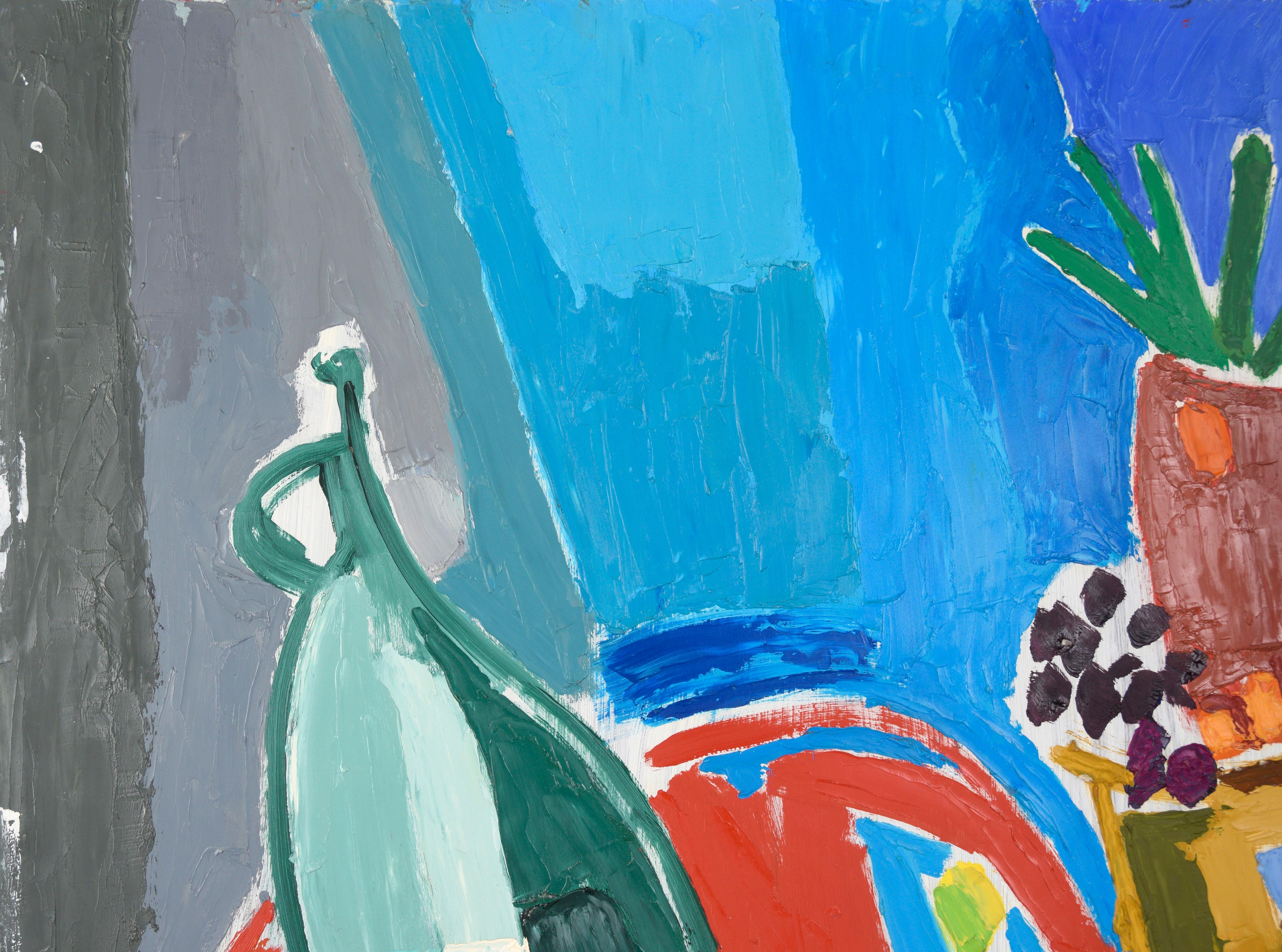 Colorful Modernist Still Life with Jug and Plant by Ellis Hopkins (American, b. 1952). 

This bold still life depicts pieces of fruit resting on a table with a large green jug and potted plant. The various components are depicted using large
