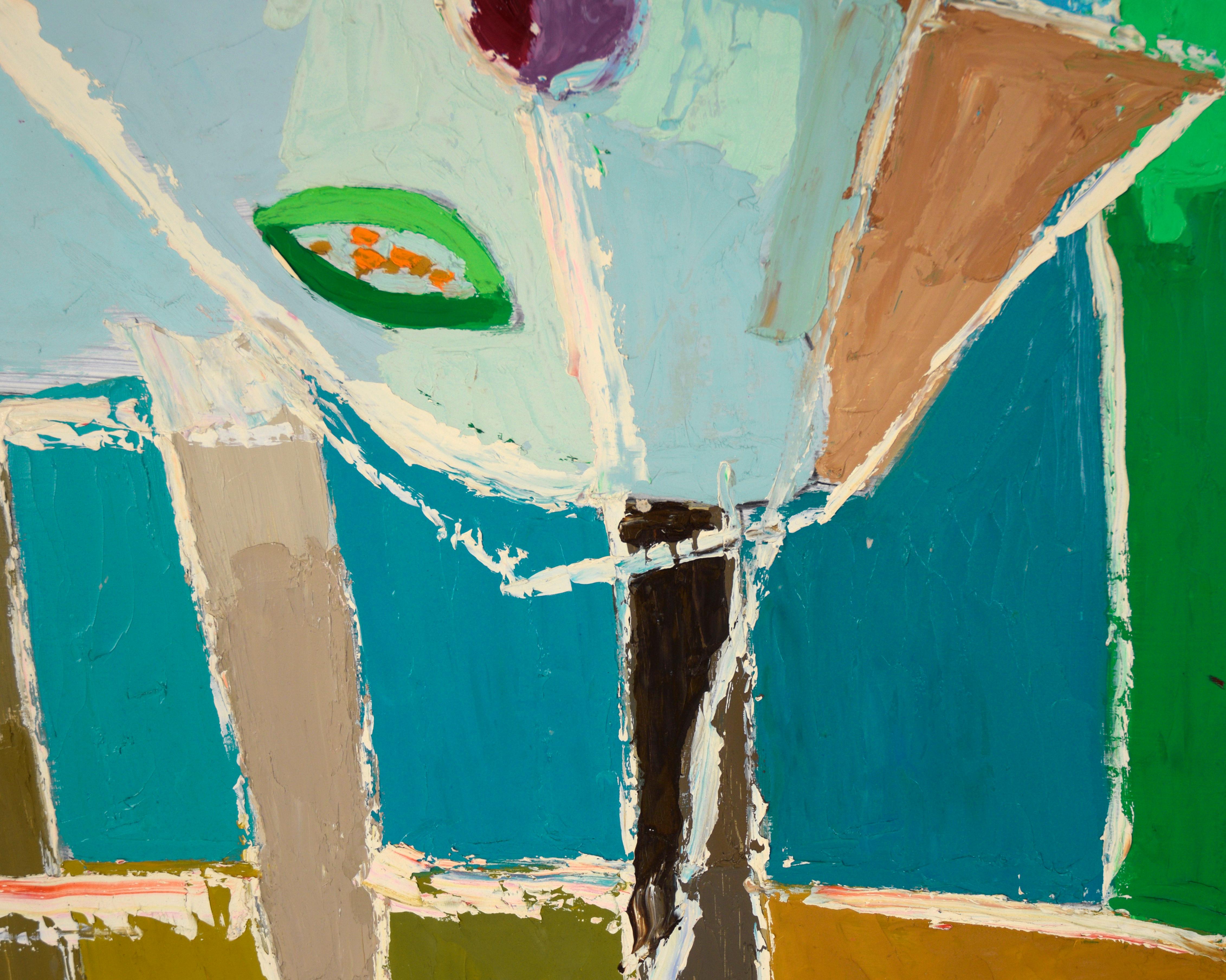 Kubistisches Stilleben mit Zwiebeln und Vase (zweiseitig) in Öl auf Masonit von Ellis Hopkins (Amerikaner, geb. 1952). 

Dieses lebendige Stillleben verwandelt ein Tischarrangement in ein kühnes Zusammenspiel von Farbe und Form. Blöcke aus