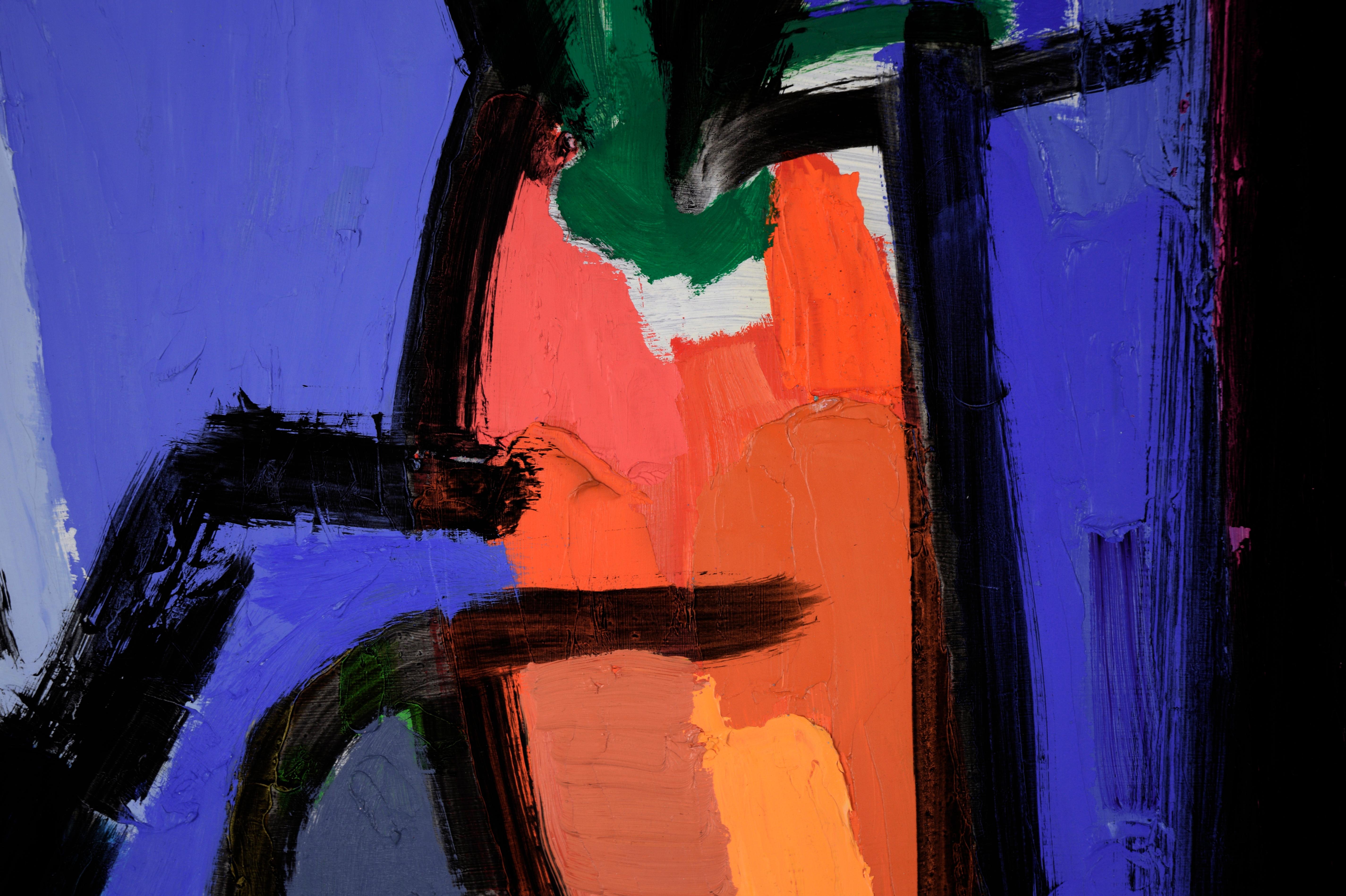 Kubistisches Stillleben mit Weinflasche und Pflanze (zweiseitig) in Öl auf Masonit (Violett), Still-Life Painting, von Ellis Hopkins