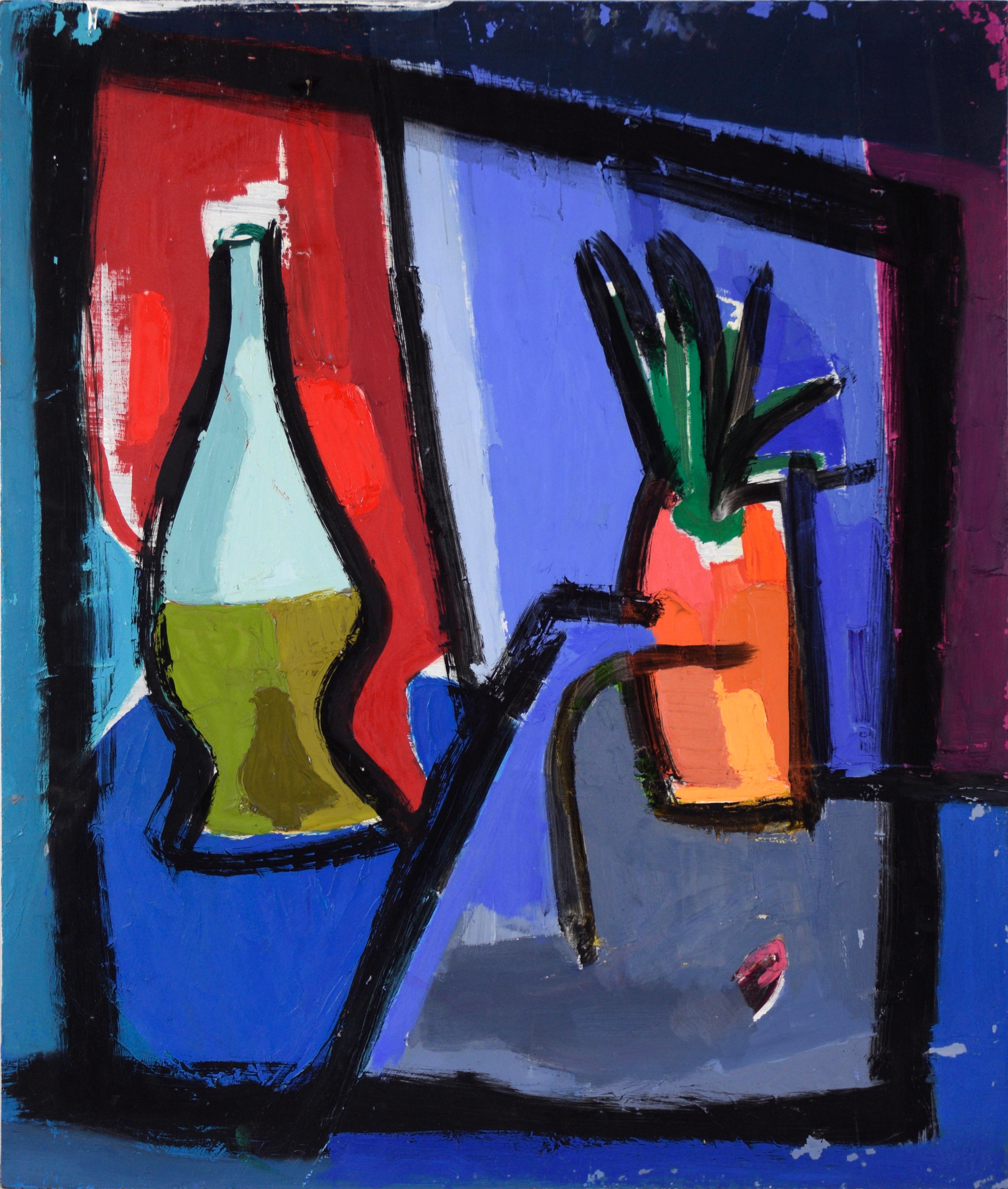 Ellis Hopkins Still-Life Painting – Kubistisches Stillleben mit Weinflasche und Pflanze (zweiseitig) in Öl auf Masonit