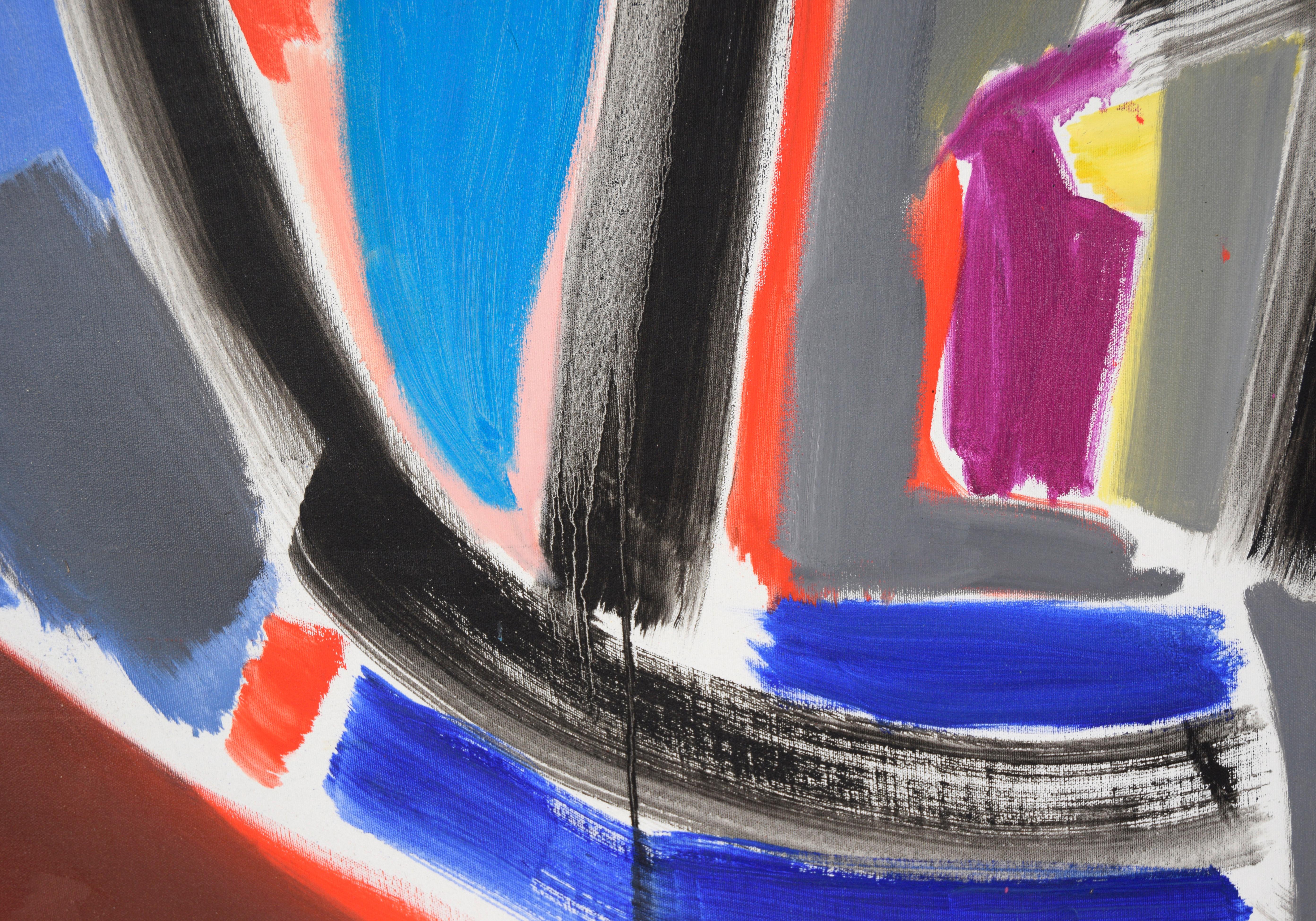 Gestural Abstract Composition with Orange and Blue by Ellis Hopkins (American, b. 1952). 

This large scale composition features bold, gestural linework and brushstrokes which interact with blocks of dynamic color. Large swaths of grey, reddish