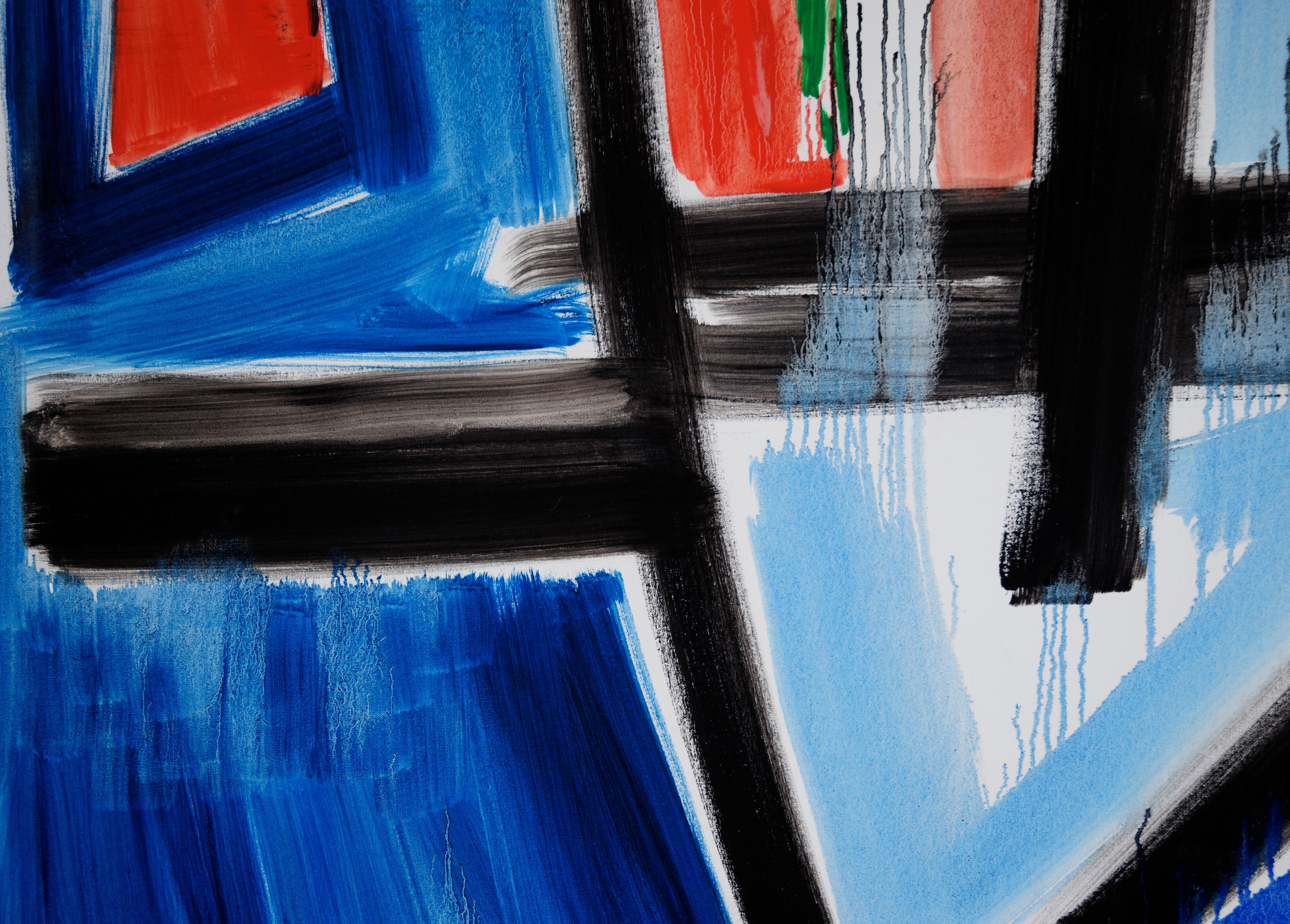 Large-Scale Abstract Composition in Acrylic on Canvas

Abstract composition by Ellis Hopkins (American, b. 1952). Strong black and blue brushstrokes cross the canvas, broken by areas of red and green. The lines and drips give a sense of movement and