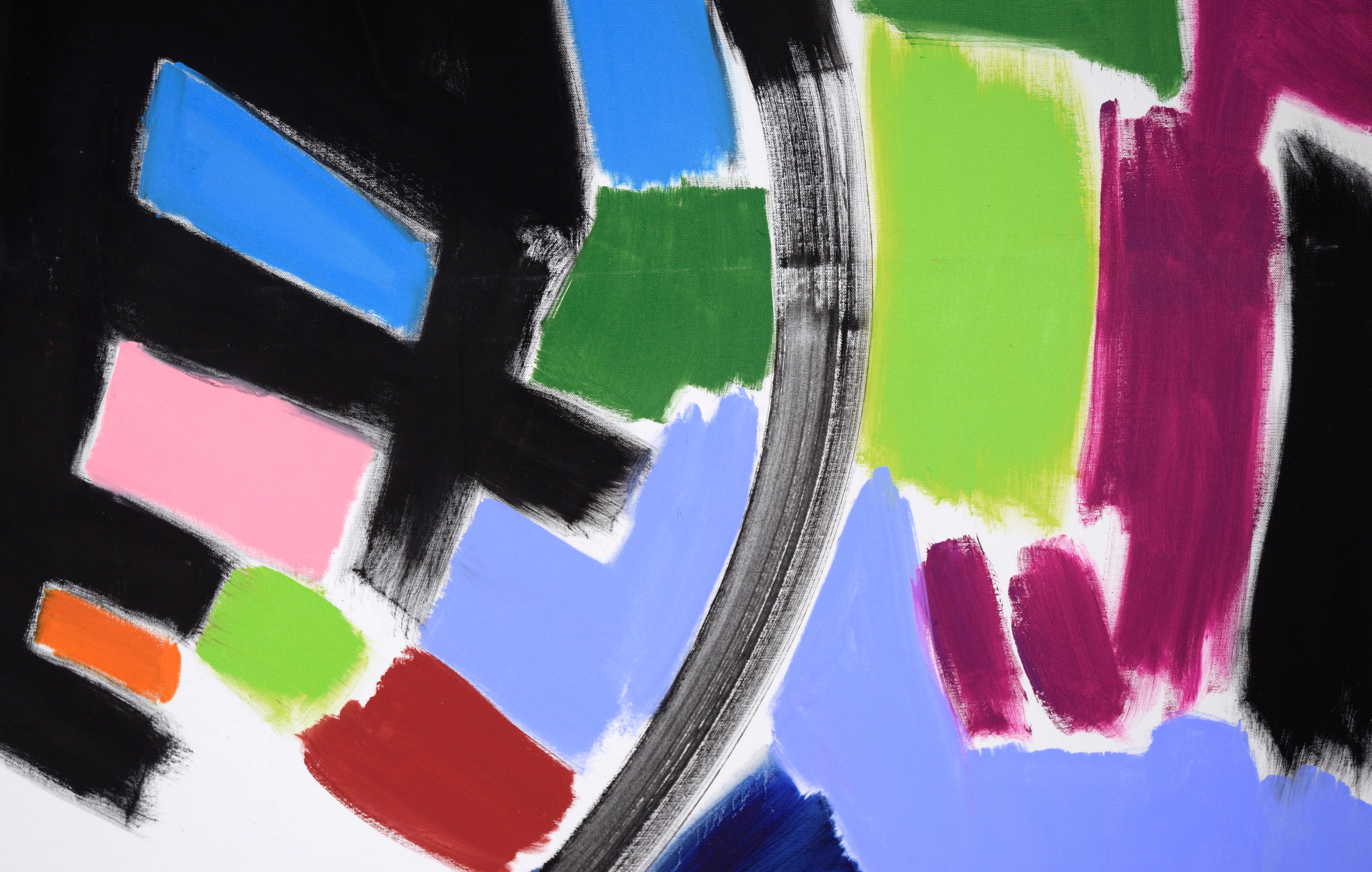 Large-Scale Multicolored Gestural Abstraction with Circle in Acrylic on Canvas - Black Abstract Painting by Ellis Hopkins