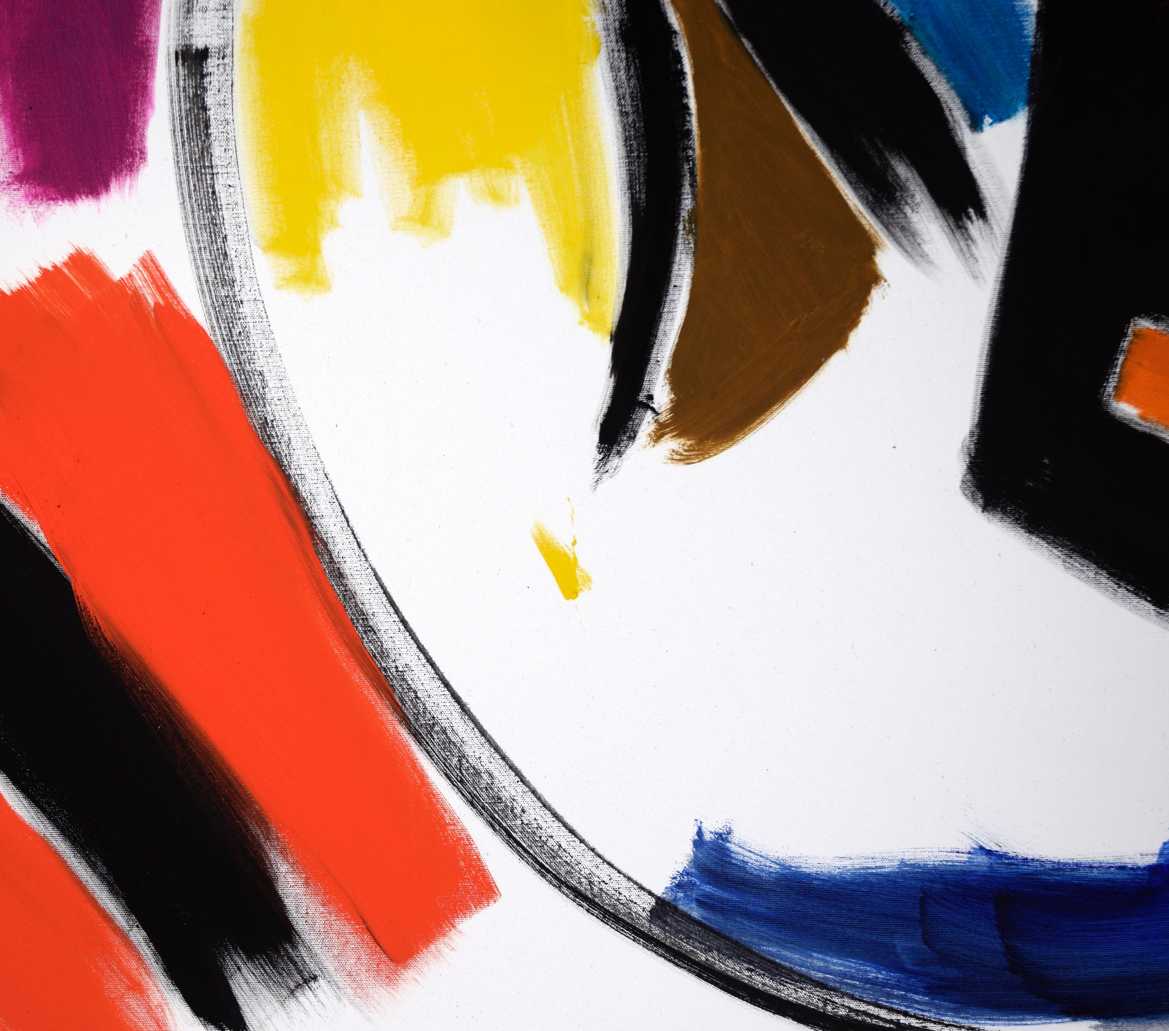 Large-Scale Multicolored Gestural Abstraction with Circle in Acrylic on Canvas

Abstract composition by Ellis Hopkins (American, b. 1952). This bold abstraction explores spatial tension and rhythmic balance through sweeping gestural forms and a